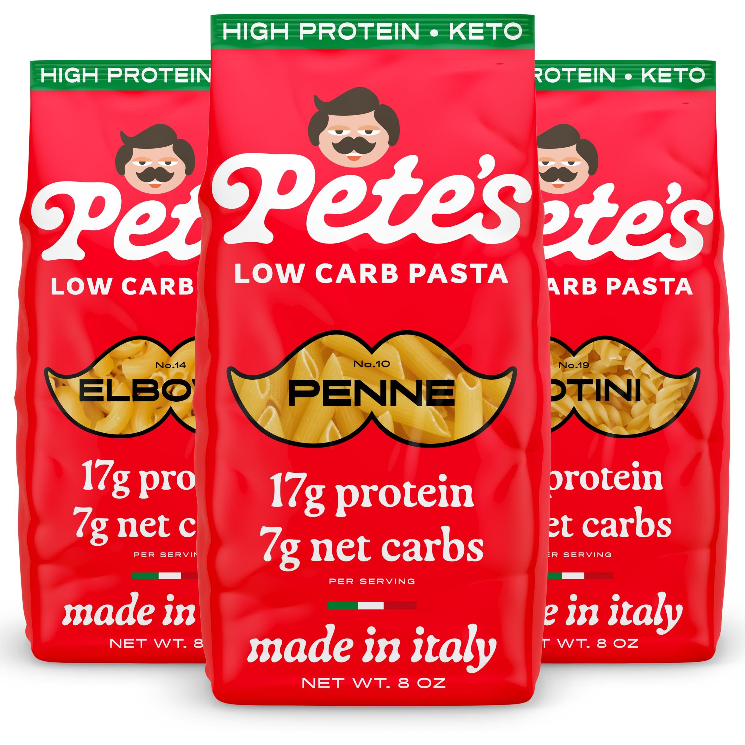 Pete's Pasta Variety Pack 8Oz - Penne, Rotini, Elbow - 7G Low Carb Pasta, 17G High Protein Pasta - Authentic Italian Keto Pasta Noodles - Healthy Low Calorie Elbow Pasta - Wheat Pasta Imported From Italy