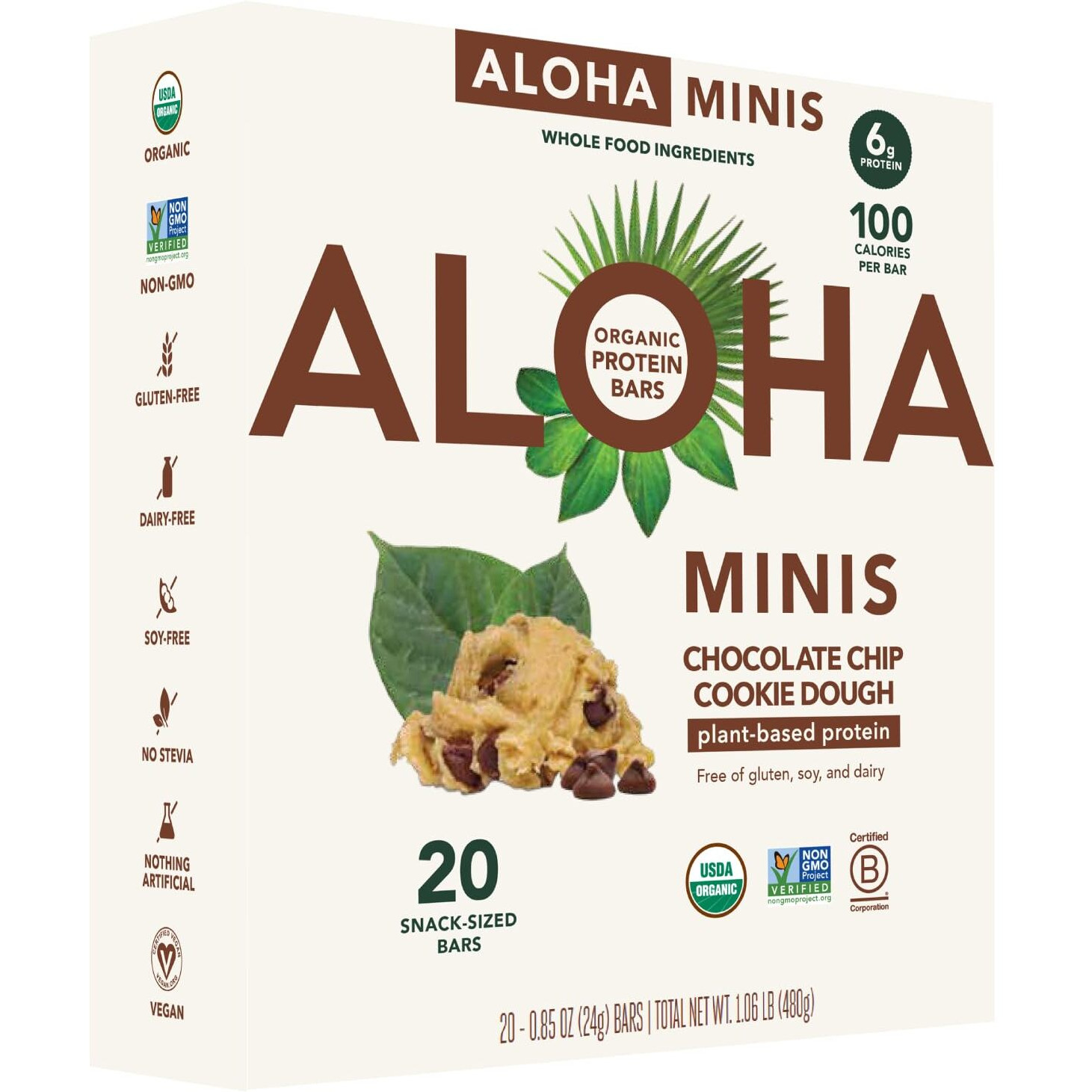 Aloha Organic Plant Based Protein Bar Minis |Chocolate Chip Cookie Dough| 20 Count, 24G Bars | Vegan, Low Sugar, Gluten Free, Paleo, Low Carb, Non-Gmo, Stevia Free, Soy Free, No Sugar Alcohols