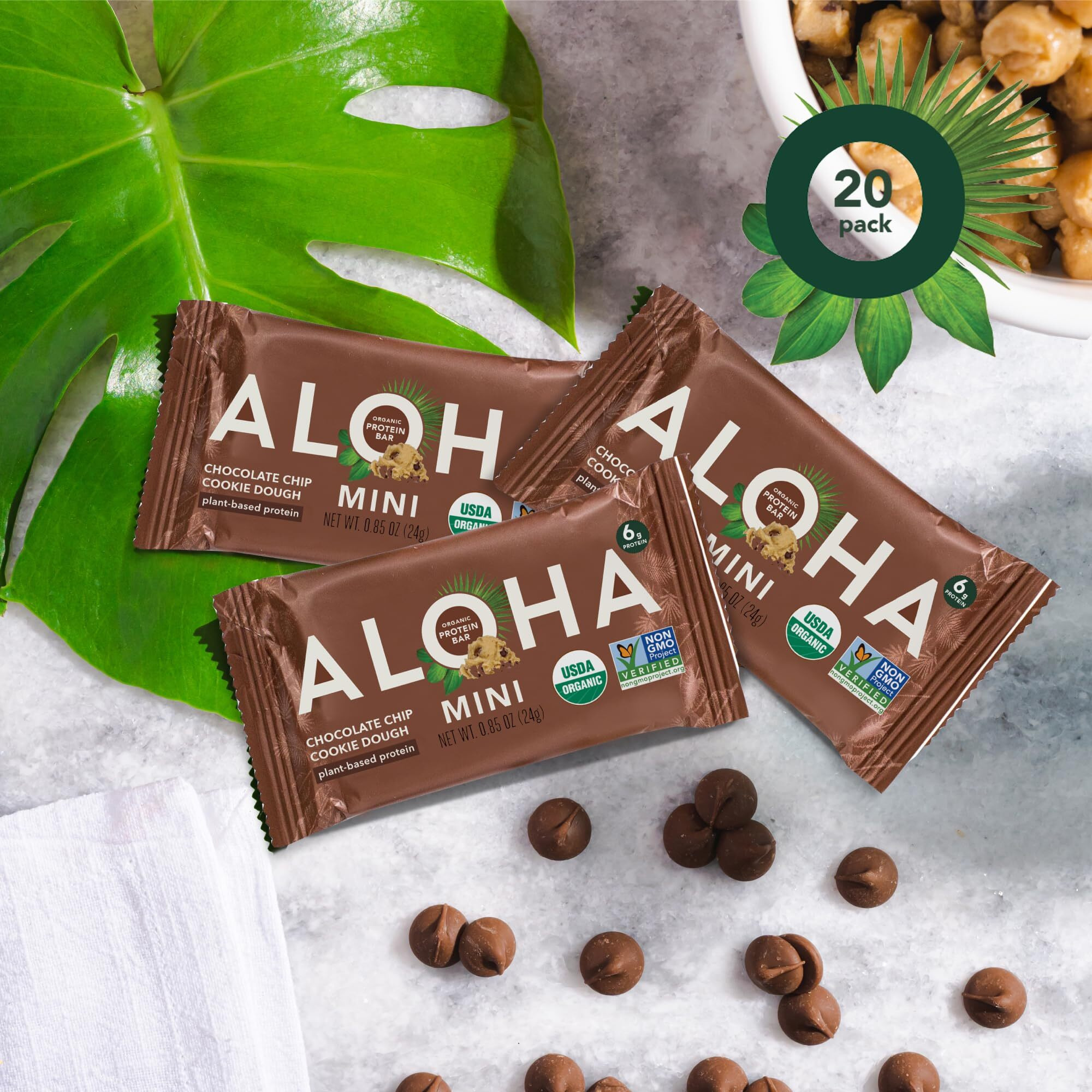 Aloha Organic Plant Based Protein Bar Minis |Chocolate Chip Cookie Dough| 20 Count, 24G Bars | Vegan, Low Sugar, Gluten Free, Paleo, Low Carb, Non-Gmo, Stevia Free, Soy Free, No Sugar Alcohols