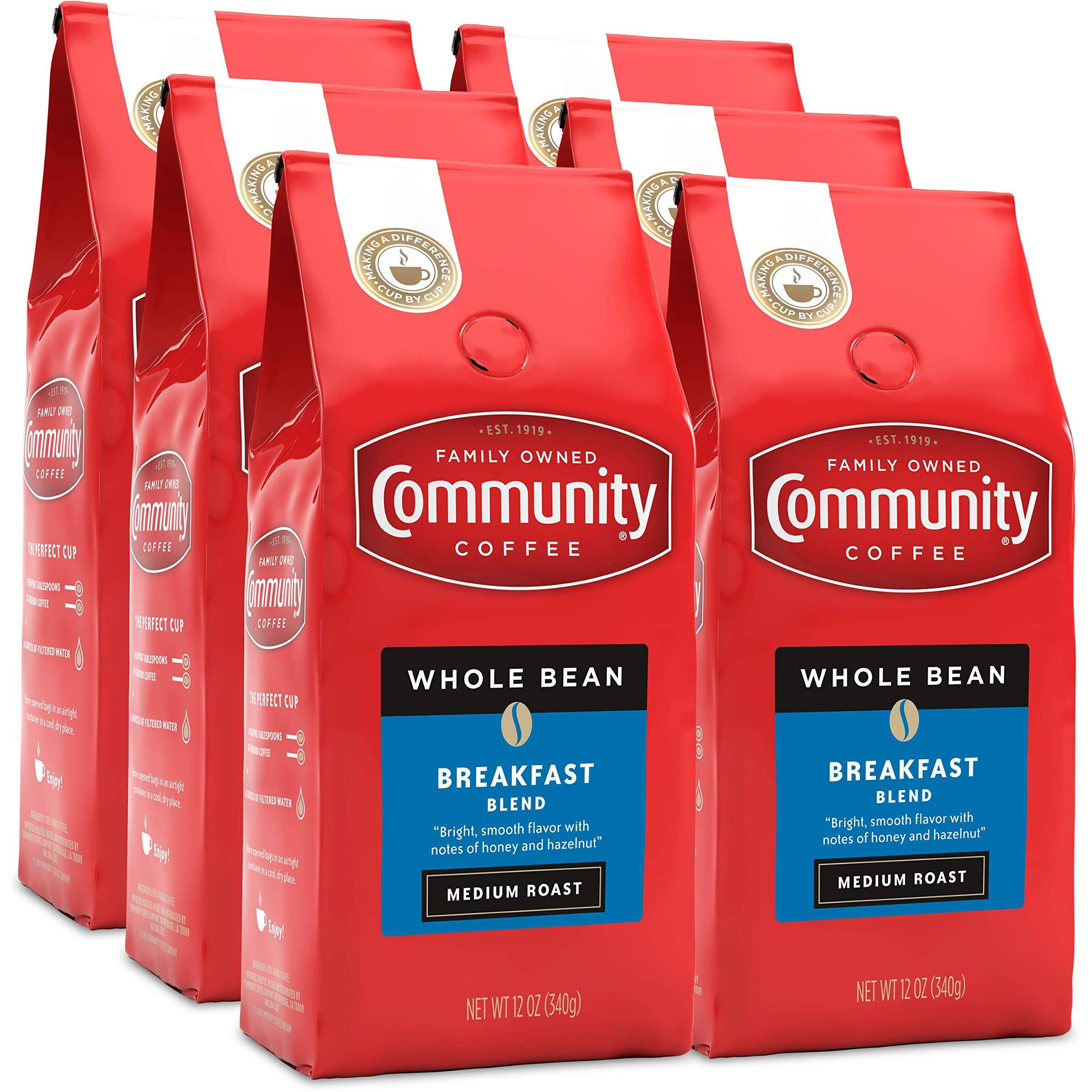 Community Coffee Breakfast Blend Whole Bean Coffee, Medium Roast, 72 Ounce (12 Ounce Bags, Pack Of 6)