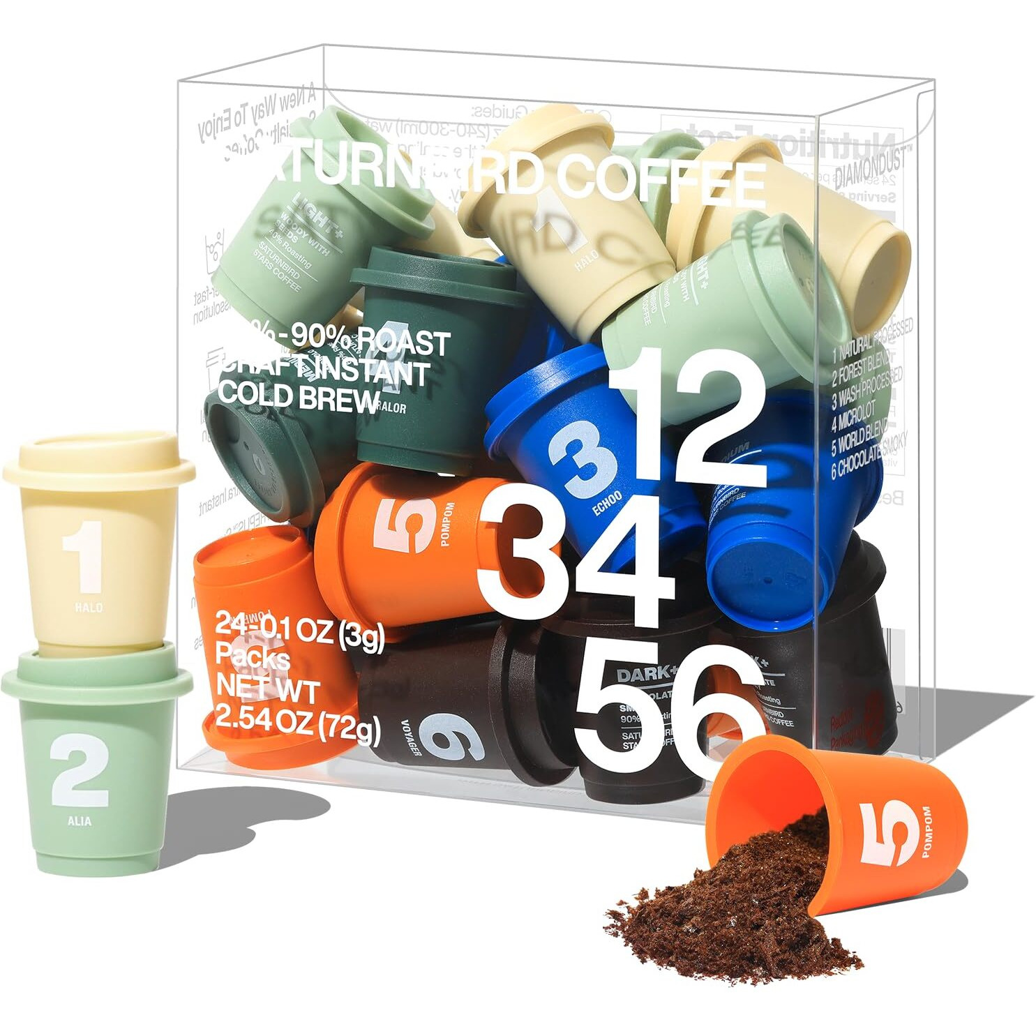 Saturnbird Coffee Instant Cold Brew - Light, Medium, Dark Roast Variety Pack, 6 Roast Levels (No.1-6), 100% Arabica With Diamondust Technology, 24 Single Serves Perfect For Iced Coffee