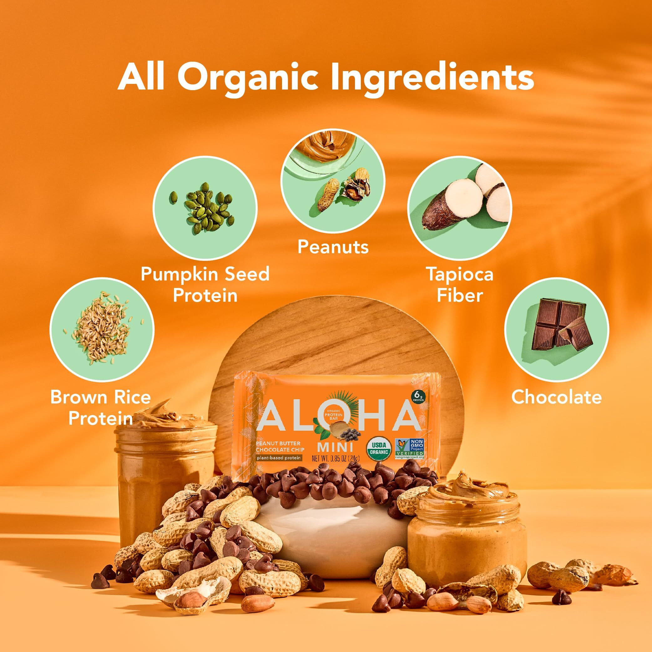 Aloha Organic Plant Based Protein Bar Minis |Peanut Butter Chocolate Chip | 20 Count, 24G Bars | Vegan, Low Sugar, Gluten Free, Low Carb, Non-Gmo, Stevia Free, Soy Free, No Sugar Alcohols