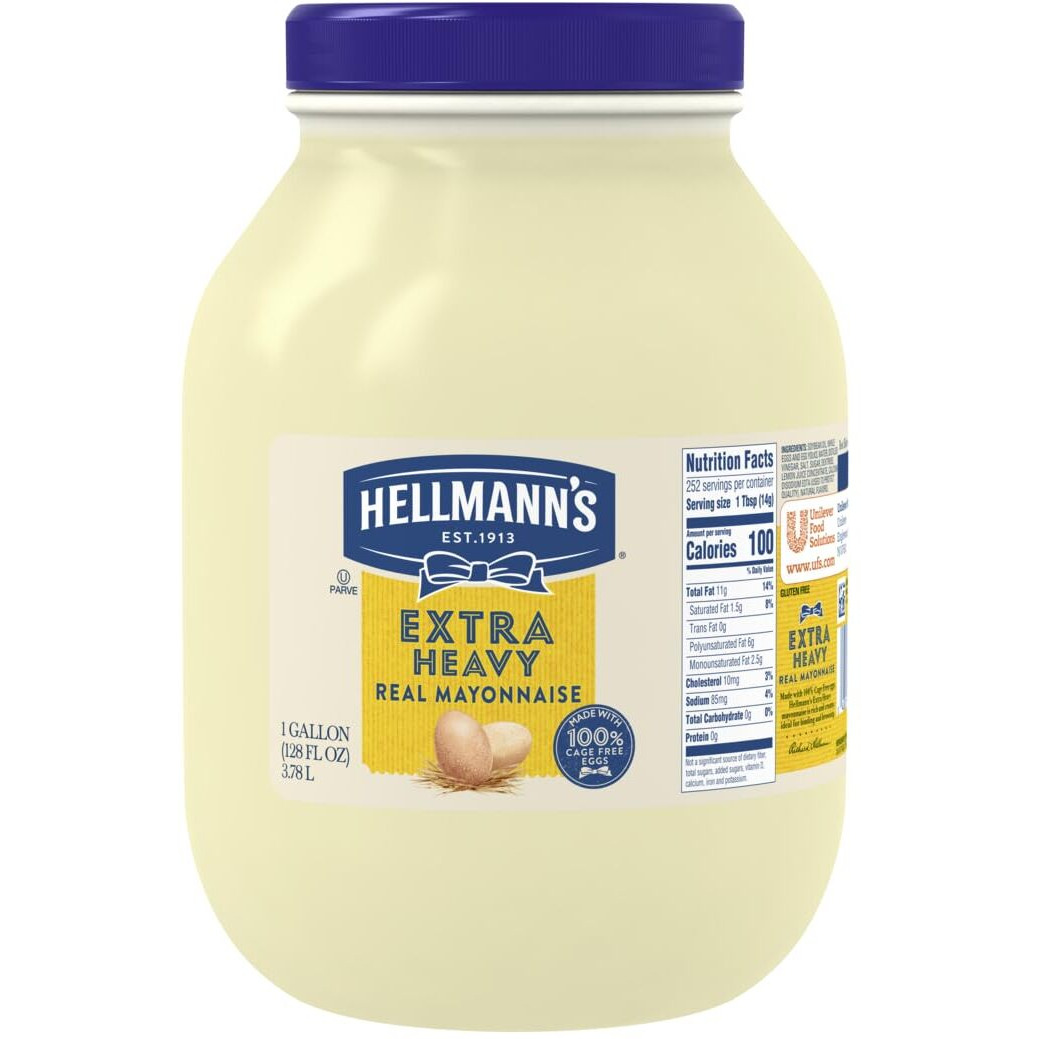 Hellmann's Extra Heavy Mayonnaise Jar, Extra Egg Yolk, Condiment For Sandwiches, Salads, Mayo Made With 100% Cage Free Eggs, Gluten Free 1 Gallon 128 Oz, Pack Of 1