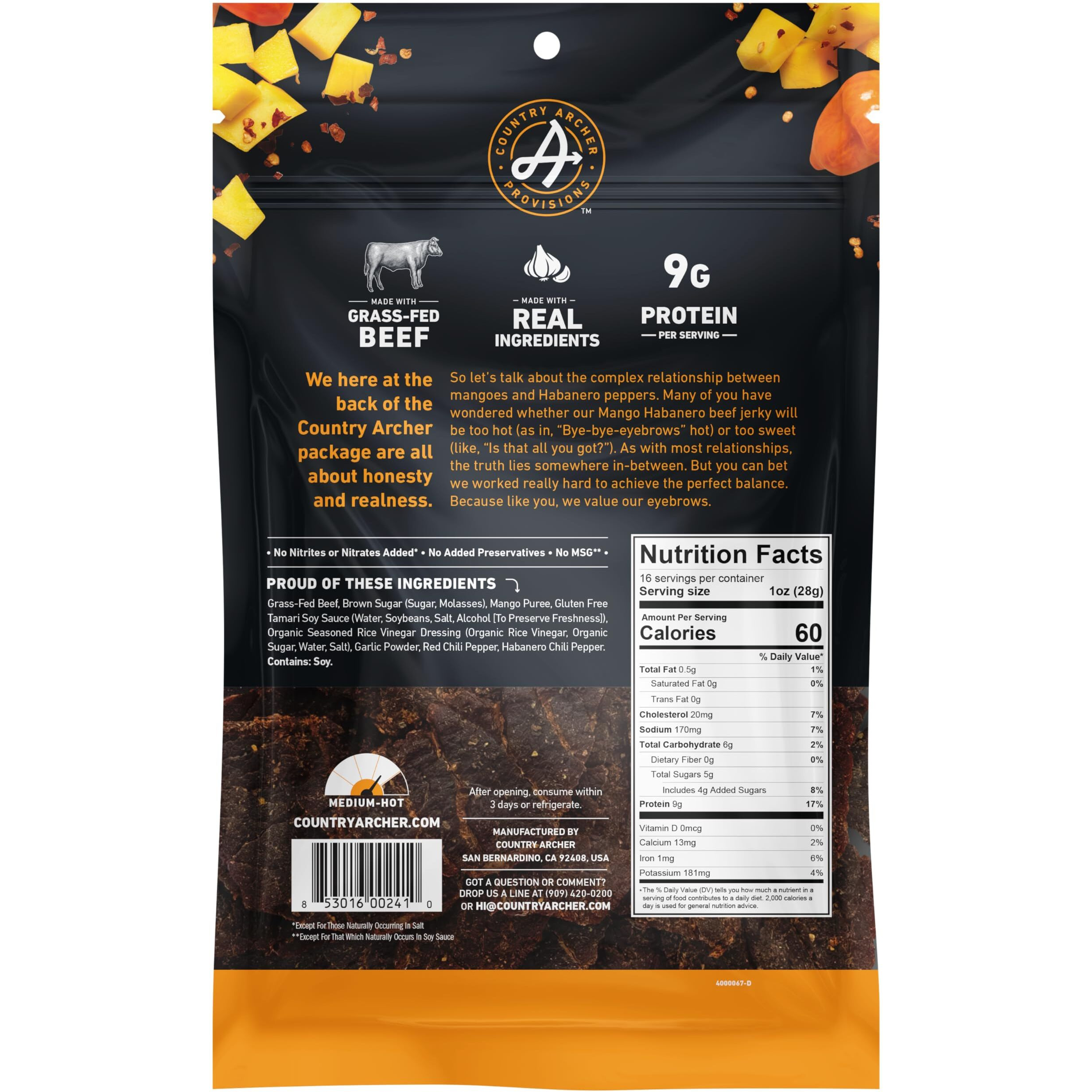 Country Archer Grass-Fed Beef Jerky - Beef Jerky Snack Pack, Beef Jerky Bulk, Individual Beef Jerky Pack, Protein Snack, Country Archer Beef Jerky, Gluten Free, Paleo - Mango Habanero, 16 Oz