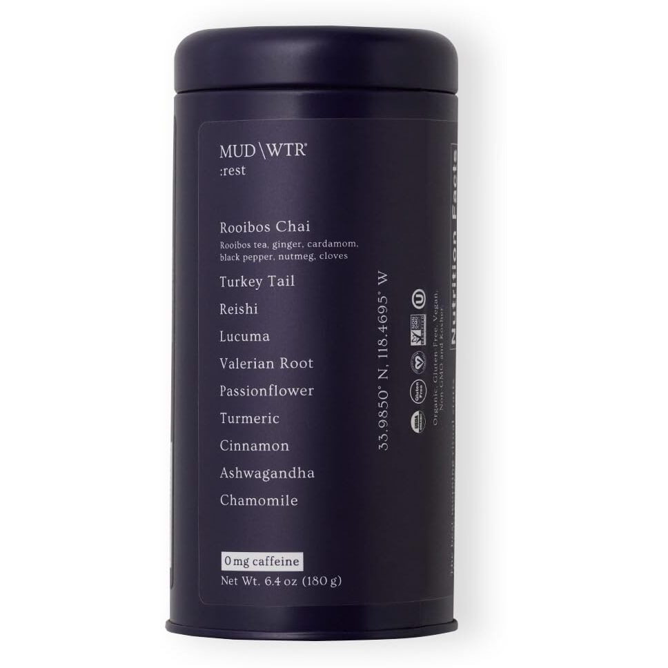 Mud Wtr Rest (30 Servings) - Organic Mushroom Evening Roobios Tea - Relaxation, Wind Down, Sleep Quality - Vegan, Gluten Free, Non-Gmo, Whole30