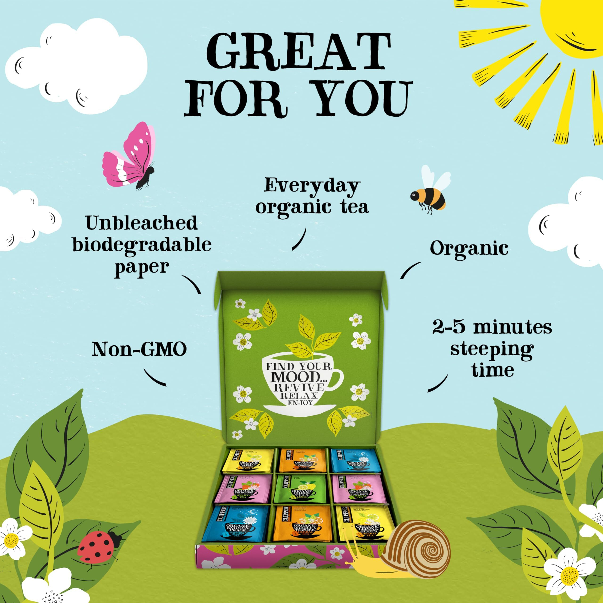 Clipper Tea Organic Herbal & Green Tea Selection/Sampler, Gift Box - Eco Friendly, Self Care, Fair Trade. Assorted Individually Wrapped Tea Bags, 1 Box, 45 Unbleached Tea Bags, Gifting
