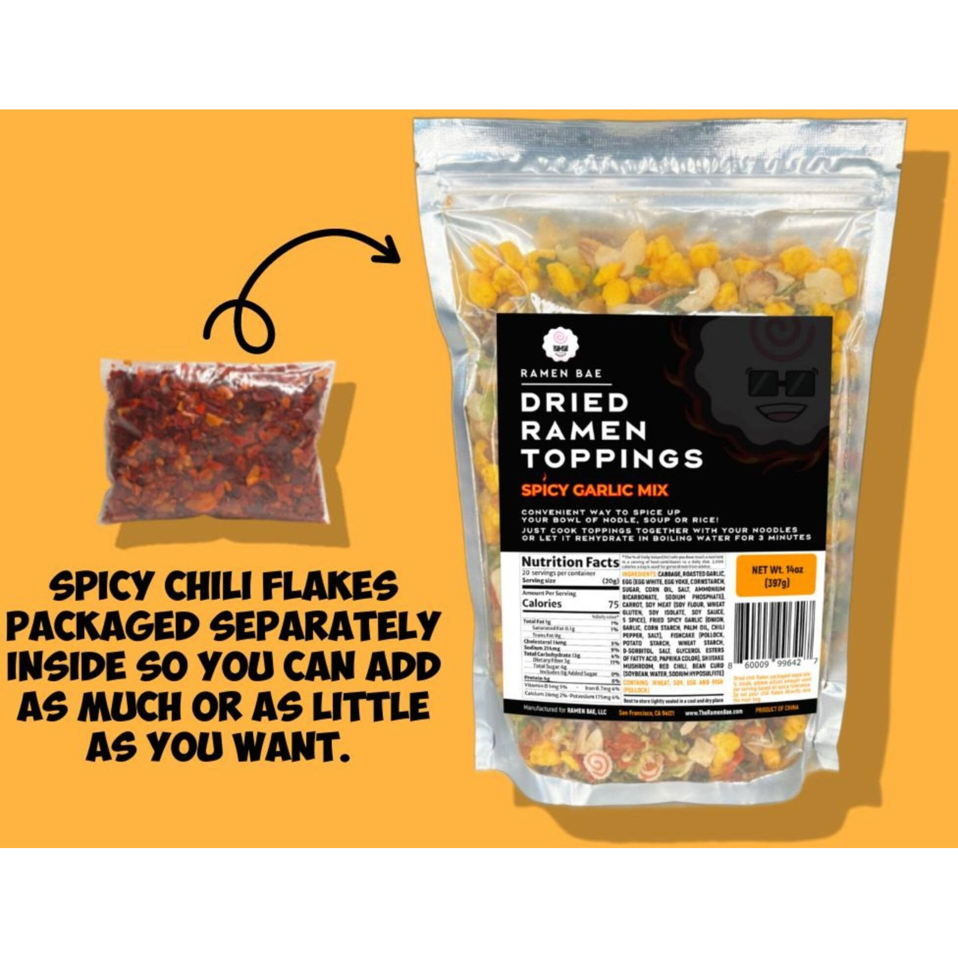 The Ramen Bae - Spicy Garlic Mix, Dried Ramen Toppings - Ramen Toppers - 14Oz
