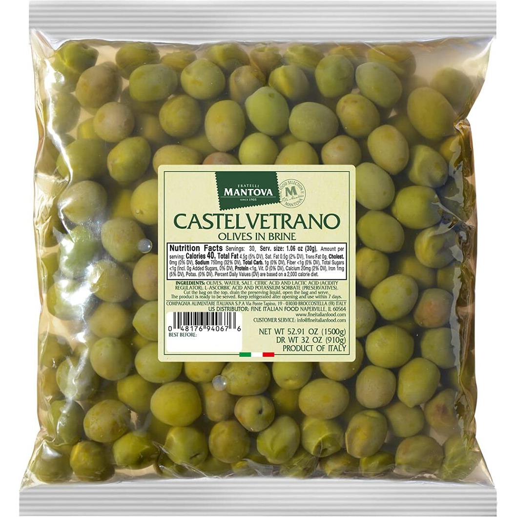 Mantova Whole Castelvetrano Olives In A Mild Brine, 52.91 Oz. (3.3 Lb.) (Pack Of 1), Product Of Sicily, Italy, Non-Gmo, Gluten-Free, Cholesterol-Free, Vegan-Friendly, Paleo-Friendly