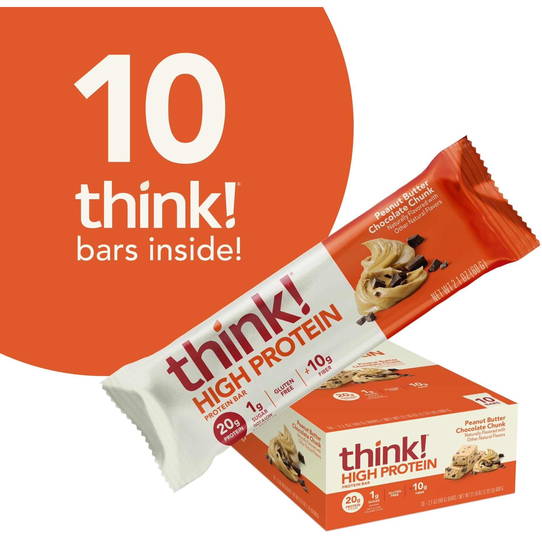 Think Protein Bars, High Protein Snacks, Gluten Free, Kosher Friendly, Peanut Butter Chocolate Chunk, 10 Count