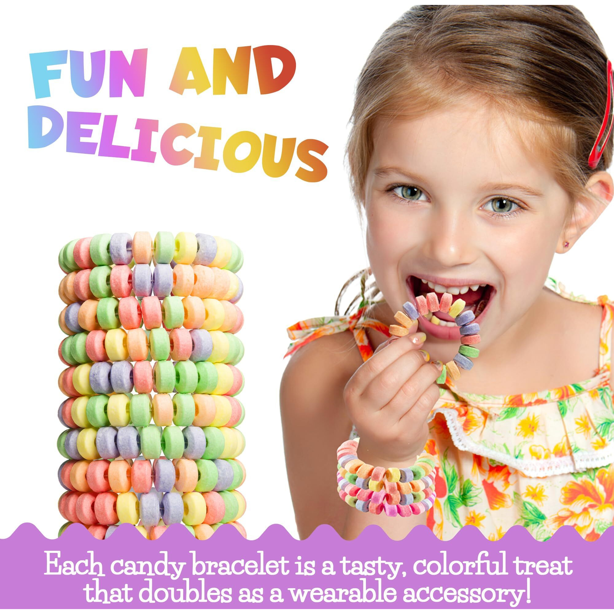 Candy Bracelets Individually Wrapped - 2.5 Inch Novelty Candy Jewelry For Kids Bracelets, Stretchable, Edible, Colorful Fruit Flavor Rainbow Candy Bulk Candy For Party Favors Supplies & Goodie Bags