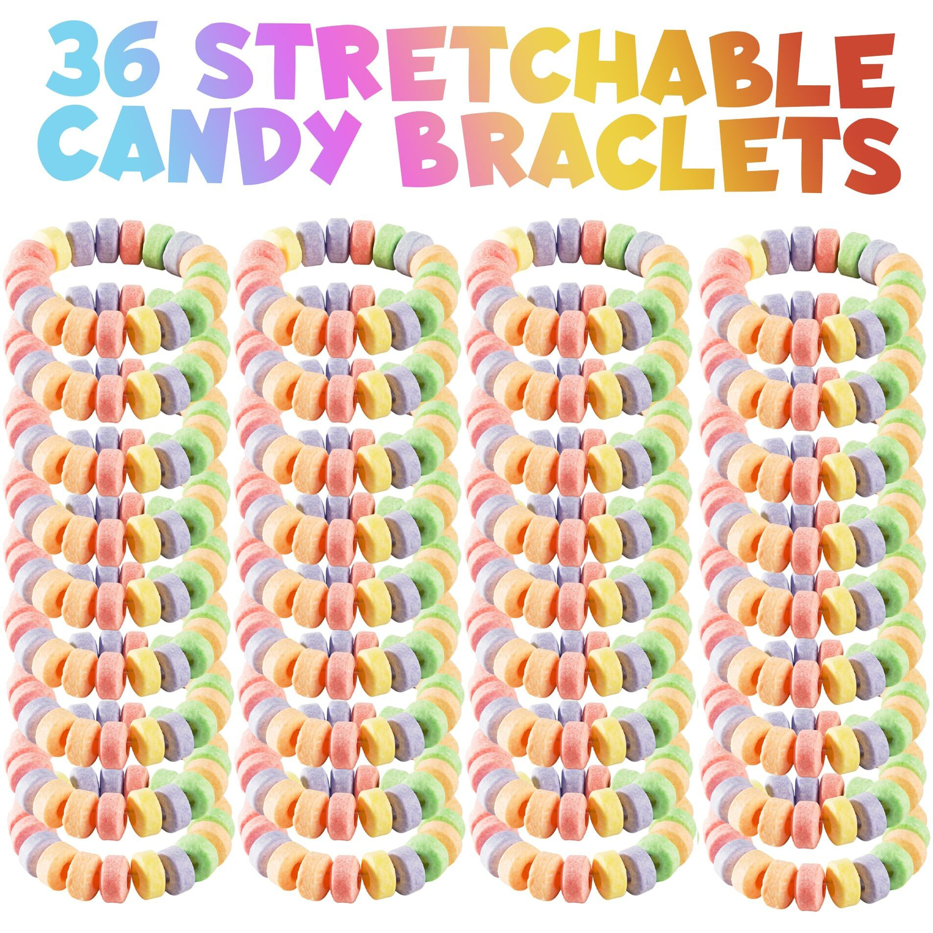 Candy Bracelets Individually Wrapped - 2.5 Inch Novelty Candy Jewelry For Kids Bracelets, Stretchable, Edible, Colorful Fruit Flavor Rainbow Candy Bulk Candy For Party Favors Supplies & Goodie Bags