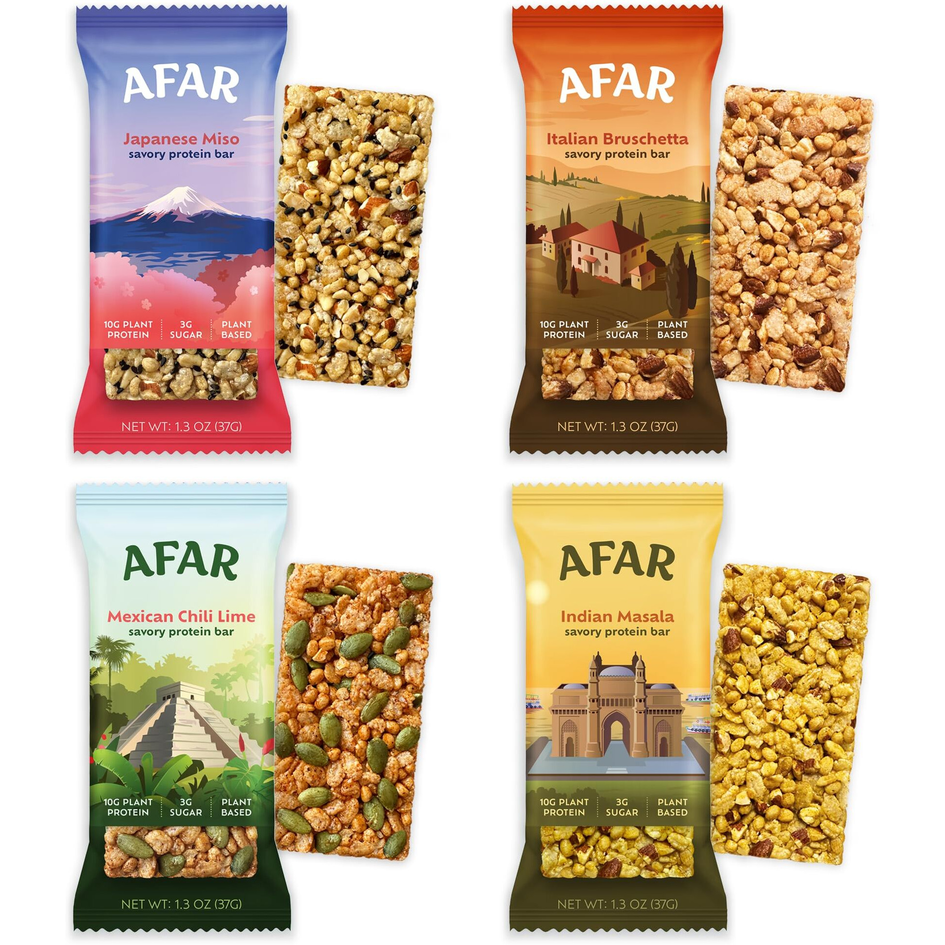 Afar Savory Protein Bars - Low Sugar, High Protein - Healthy Snack For Adults - Meal Replacement Bar - Rice Crispy Texture - Vegan, Gluten Free (8 Bars, Variety Pack)