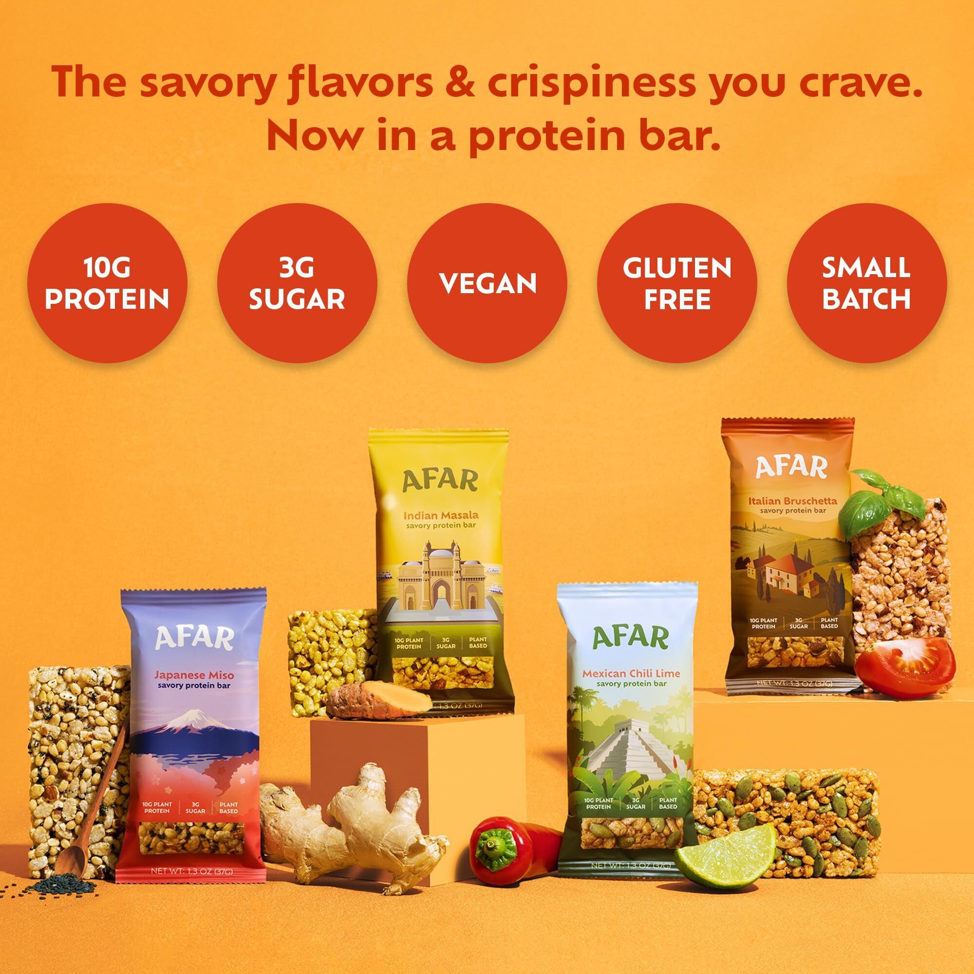 Afar Savory Protein Bars - Low Sugar, High Protein - Healthy Snack For Adults - Meal Replacement Bar - Rice Crispy Texture - Vegan, Gluten Free (8 Bars, Variety Pack)