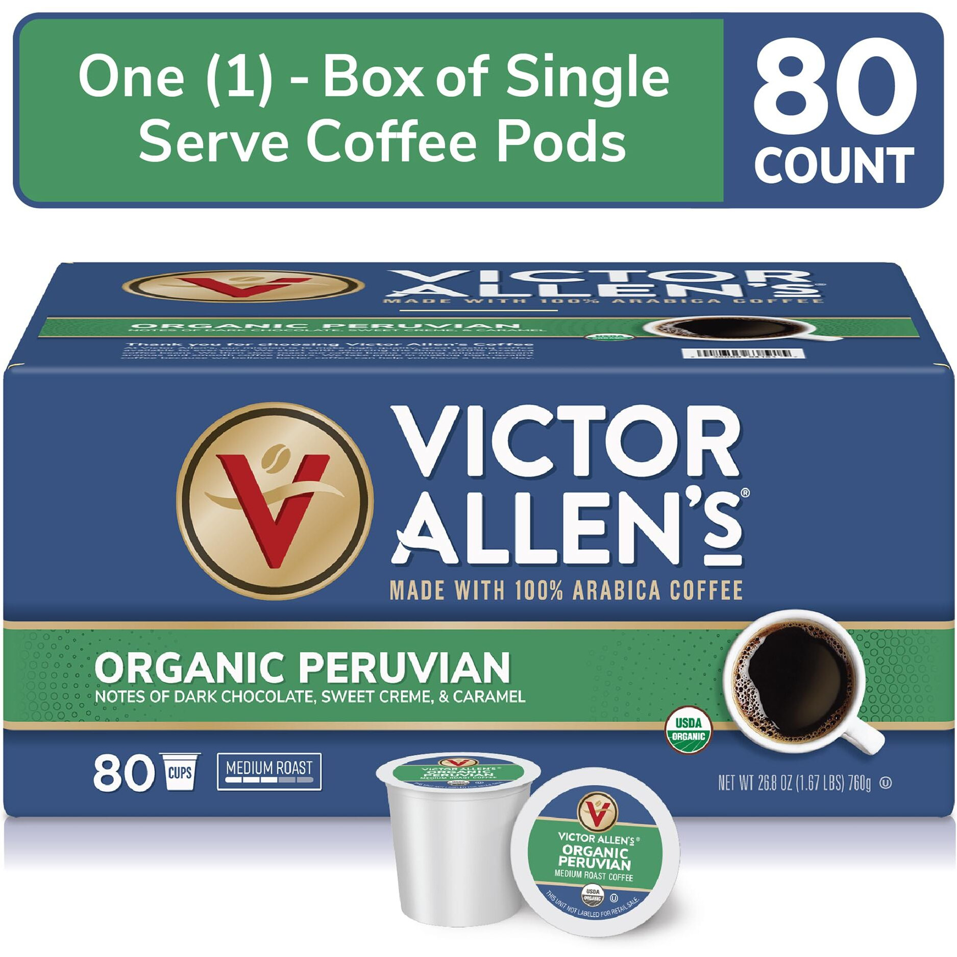Victor Allen's Coffee Organic Peruvian, Medium Roast, 80 Count, Single Serve Coffee Pods For Keurig K-Cup Brewers