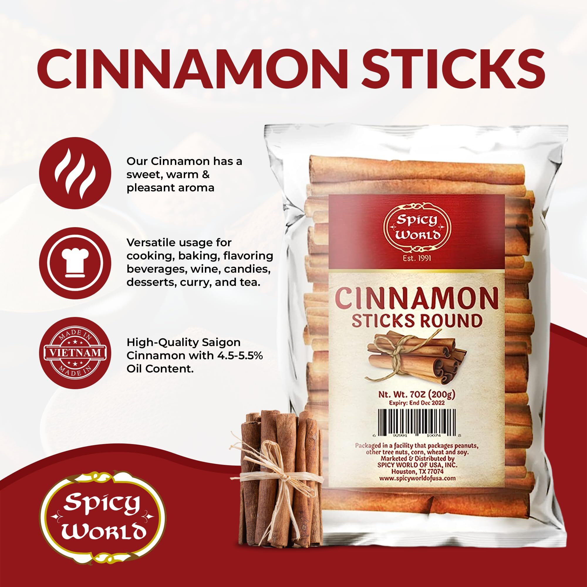 Spicy World Cinnamon Sticks 7 Ounce Bag - Perfect For Baking, Cooking & Beverages - 3+ Inches Length - Cassia Saigon Cinnamon From Vietnam