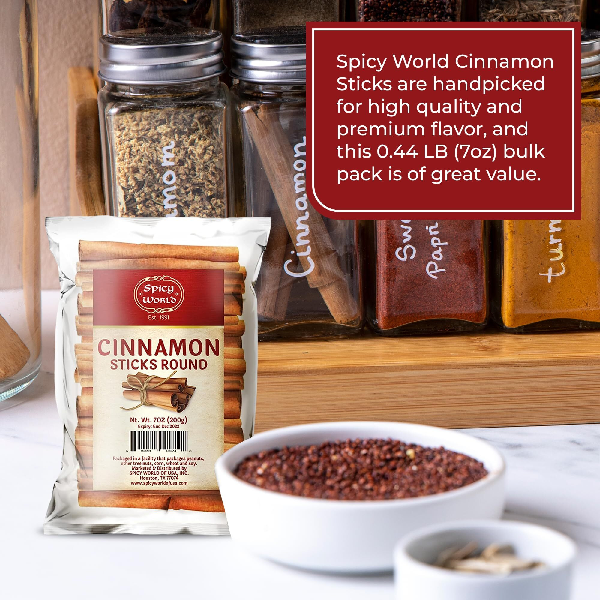 Spicy World Cinnamon Sticks 7 Ounce Bag - Perfect For Baking, Cooking & Beverages - 3+ Inches Length - Cassia Saigon Cinnamon From Vietnam