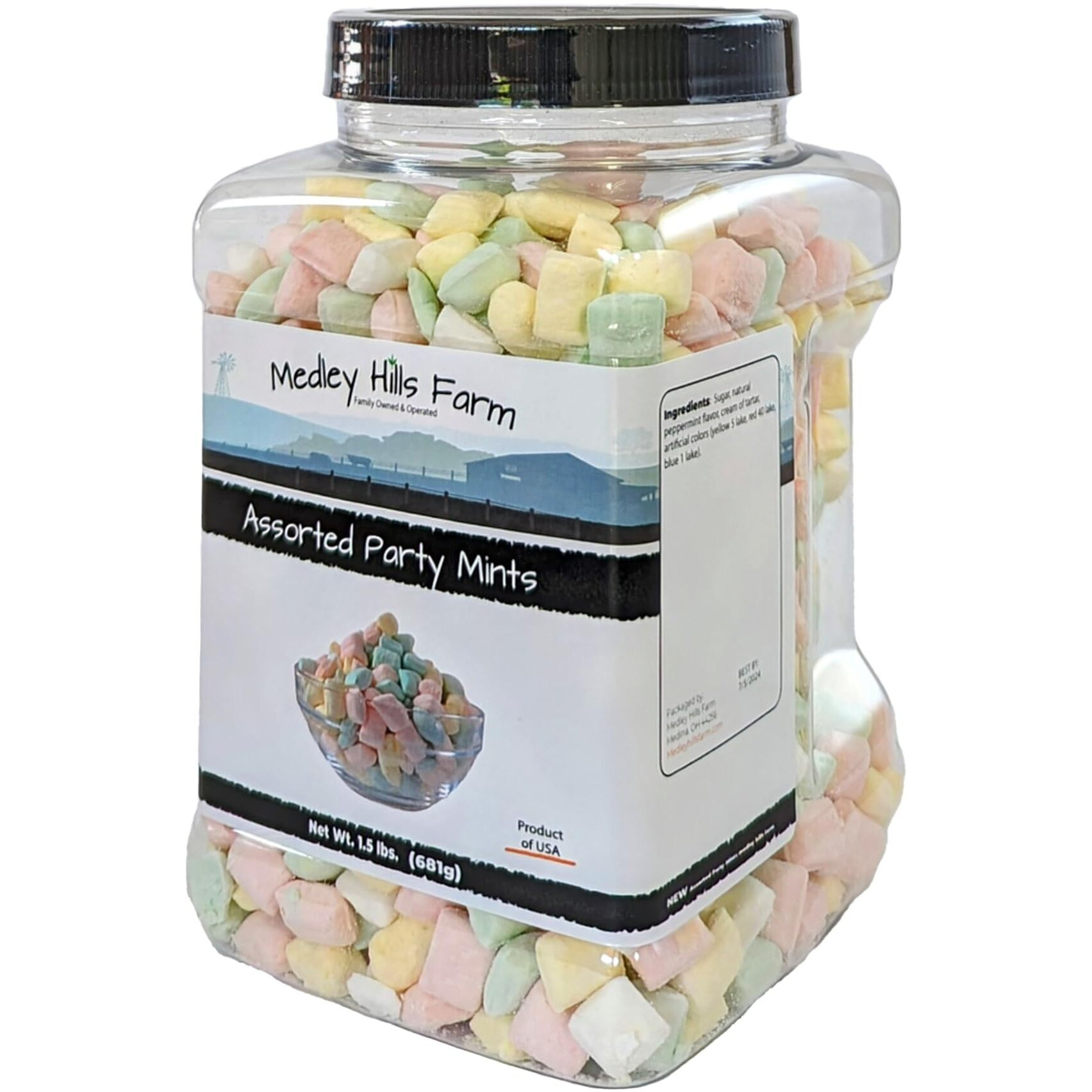 Assorted Party Mints By Medley Hills Farm In Reusable Container 1.5 Lbs. - Peppermint Pastel After Dinner Mints Candy - Great Wedding Mints For Guests, Baby Shower Or Birthday Party - Product Of Usa