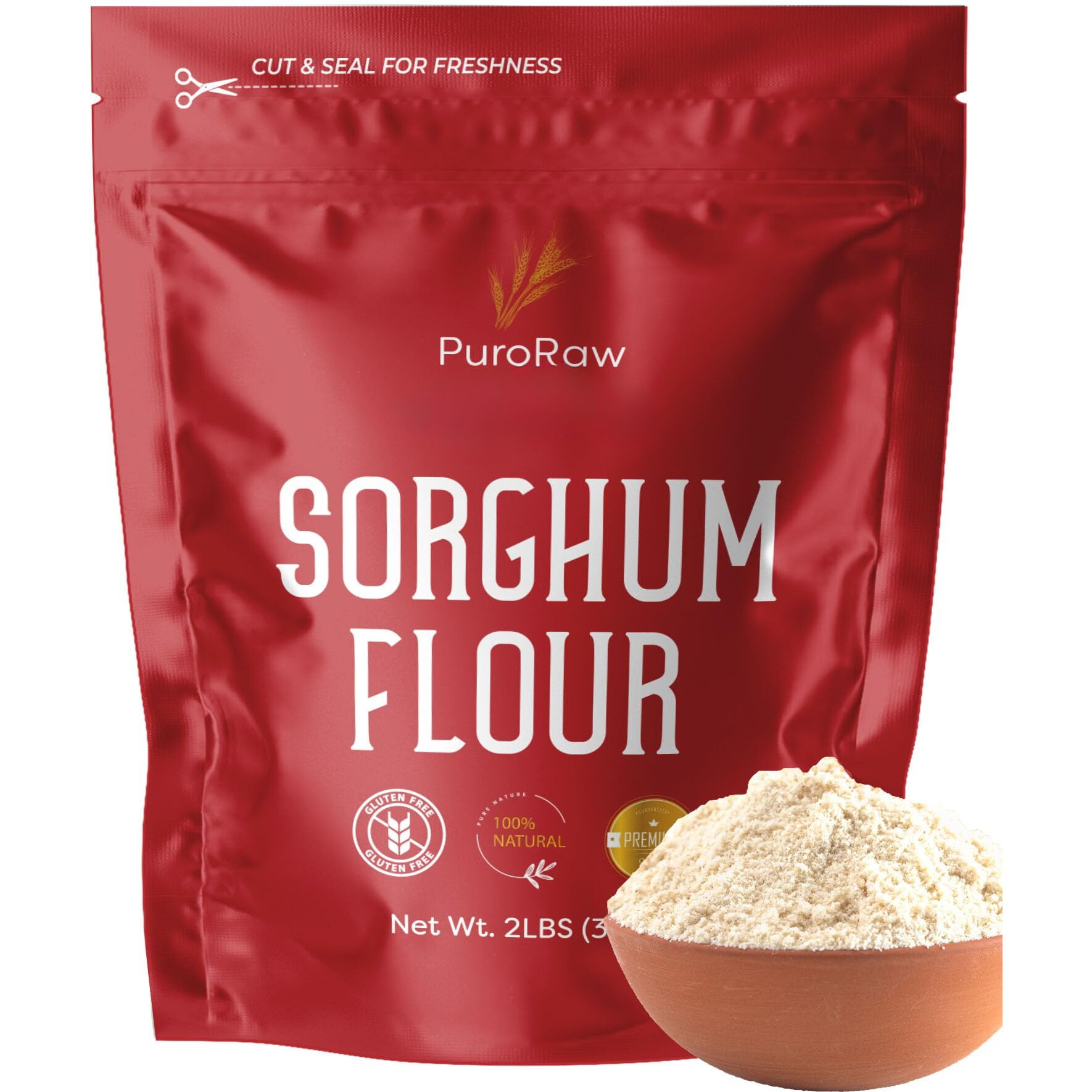 Sorghum Flour, 2Lbs, Gluten Free Flour, Jowar Flour, Sweet White Sorghum Flour Gluten Free, Sweet Sorghum Flour, Whole Grain, All Natural, Batch Tested, Non-Gmo, 2 Pounds, By Puroraw.