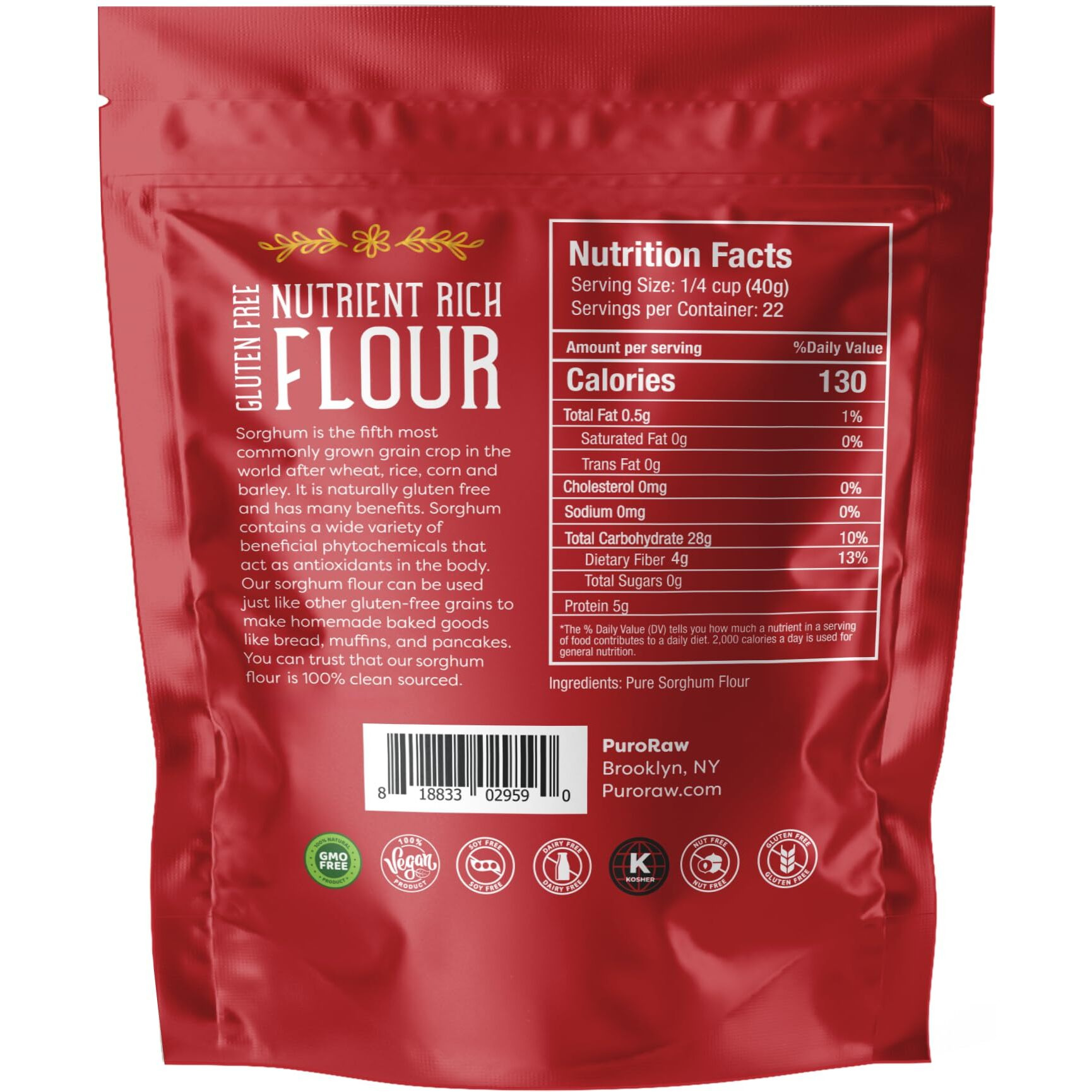 Sorghum Flour, 2Lbs, Gluten Free Flour, Jowar Flour, Sweet White Sorghum Flour Gluten Free, Sweet Sorghum Flour, Whole Grain, All Natural, Batch Tested, Non-Gmo, 2 Pounds, By Puroraw.