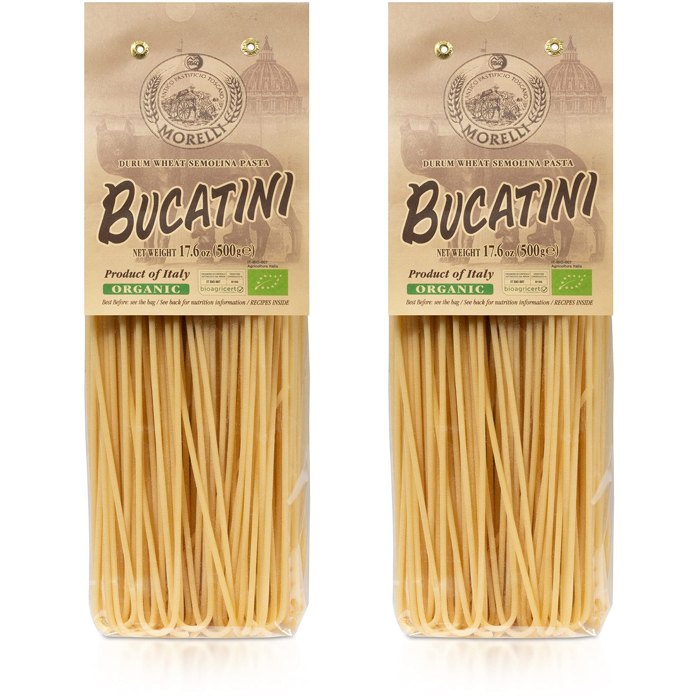 Morelli Bucatini Pasta Noodles - Premium Organic Italian Pasta From Italy - Handcrafted, Family Owned Gourmet Pasta Brand - Durum Wheat Semolina Pasta 17.6Oz / 500G - Pack Of 2