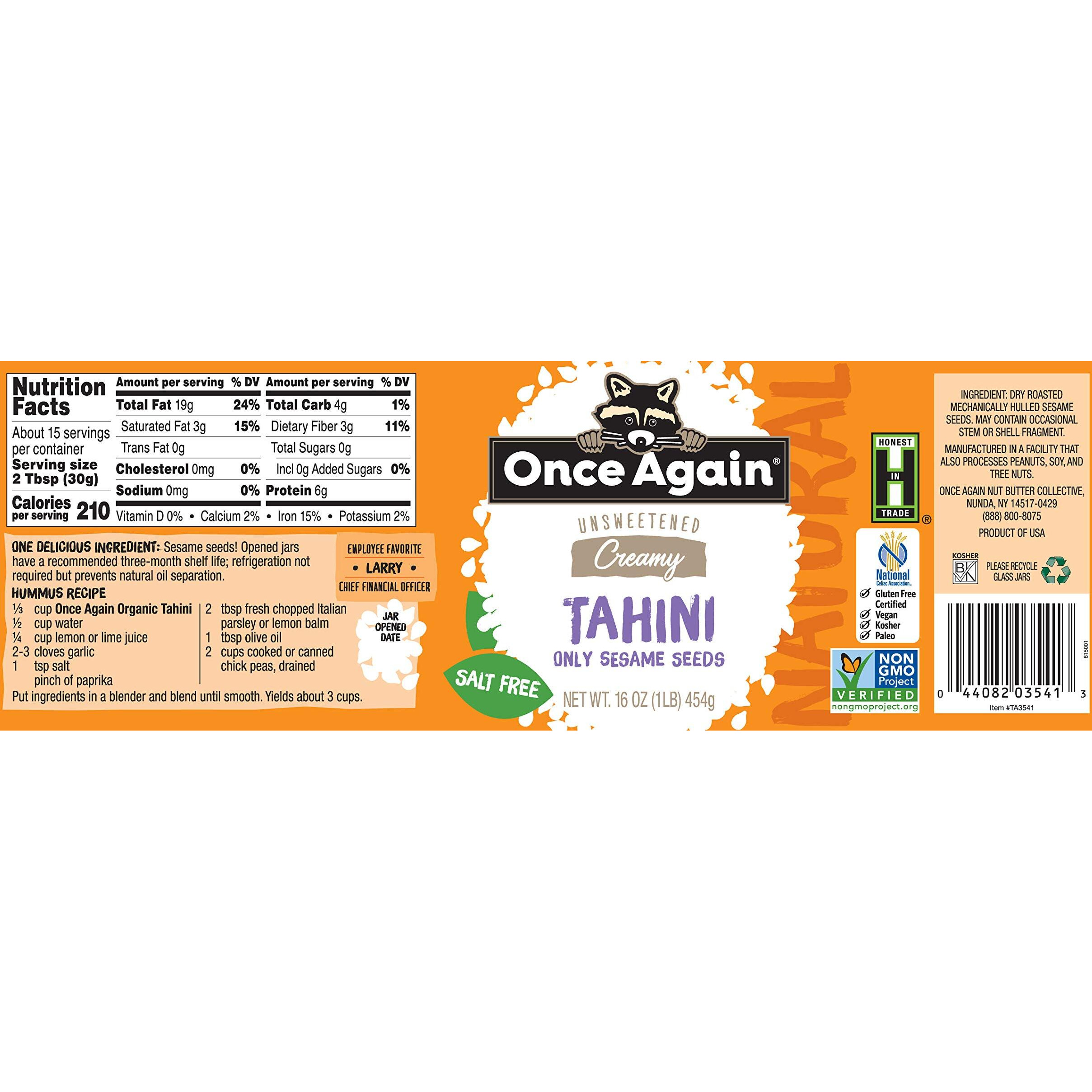Once Again Natural Sesame Tahini - Salt Free, Unsweetened - 16 Oz Jar, Packaging May Vary