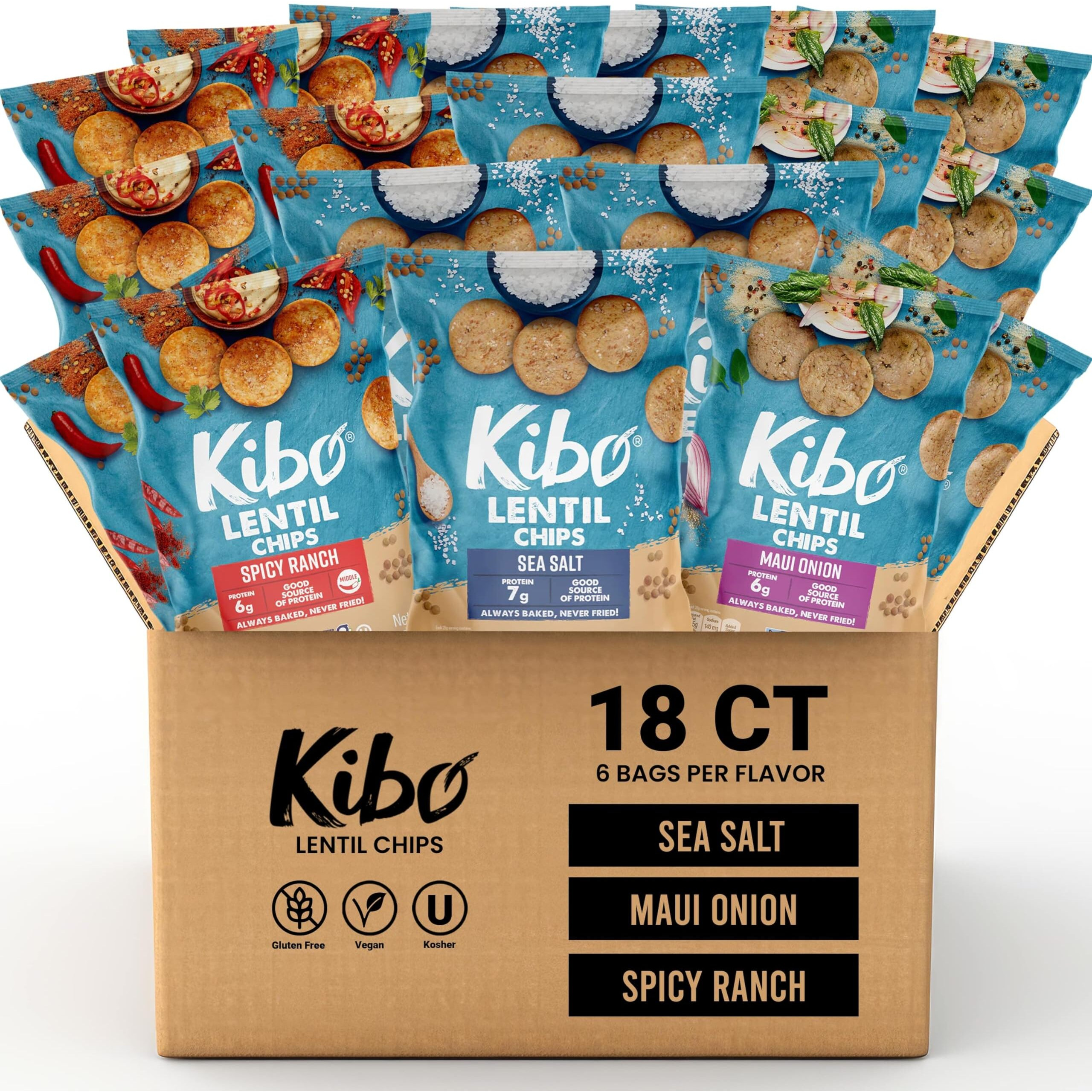 Kibo Lentil Chips Variety Pack - Gluten-Free Vegan Chips - Non-Gmo Verified - Plant-Based 28 Grams - Maui Onion, Sea Salt, And Spicy Ranch - 18 Pack