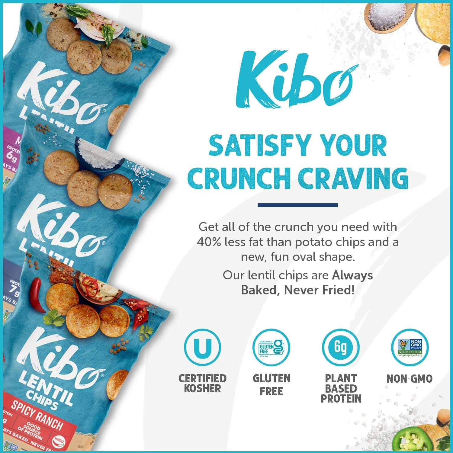 Kibo Lentil Chips Variety Pack - Gluten-Free Vegan Chips - Non-Gmo Verified - Plant-Based 28 Grams - Maui Onion, Sea Salt, And Spicy Ranch - 18 Pack