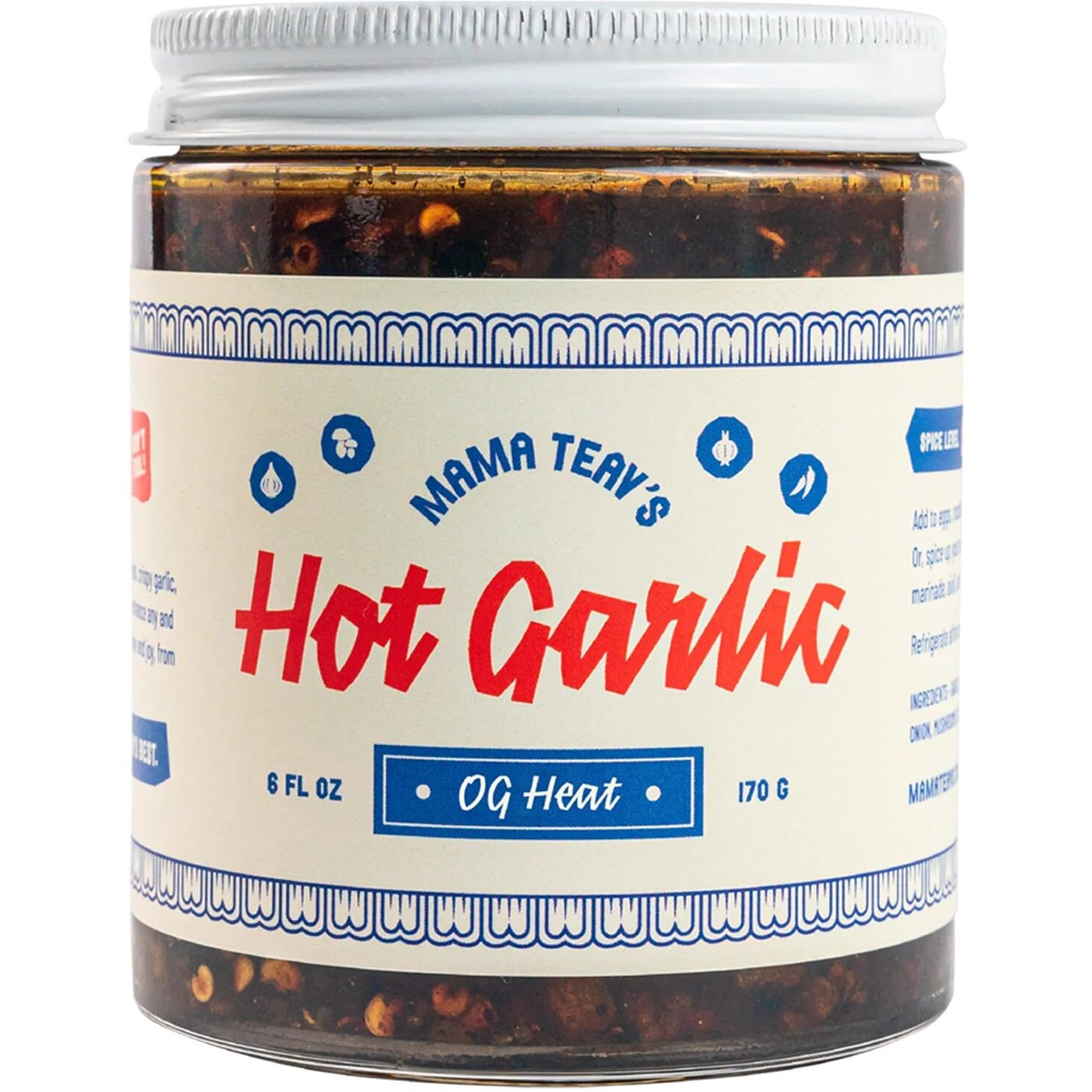 Mama Teav's Hot Garlic Chili Crisp - Spicy Umami Crunchy Chili Oil Condiment - All Natural Vegan Healthy - Cold-Pressed Grapeseed Oil - 6Oz