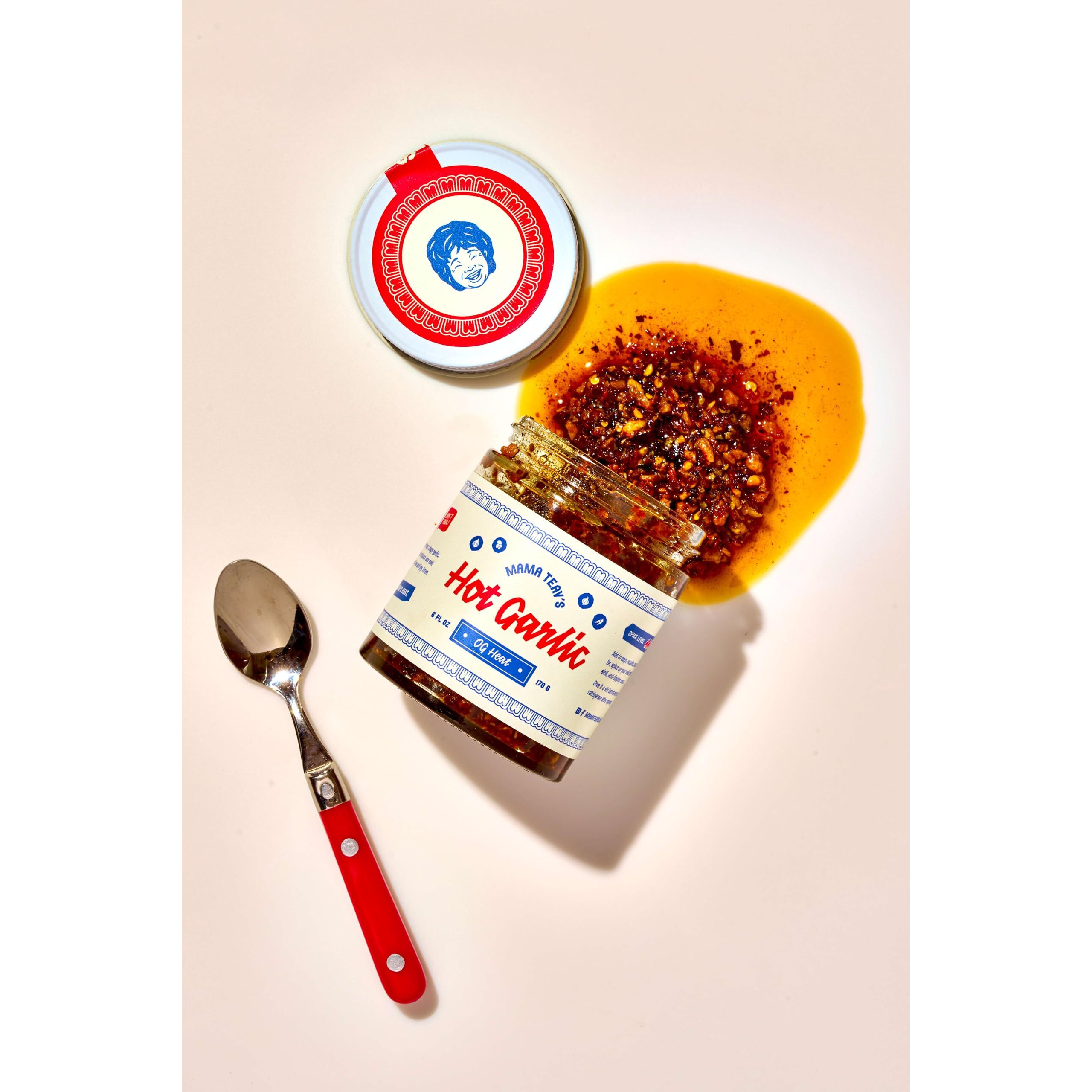 Mama Teav's Hot Garlic Chili Crisp - Spicy Umami Crunchy Chili Oil Condiment - All Natural Vegan Healthy - Cold-Pressed Grapeseed Oil - 6Oz