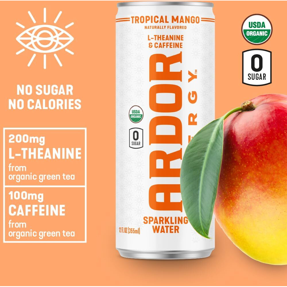 Ardor Energy Sparkling Water Tropical Mango 12 Pack With 100Mg Organic Caffeine From Green Tea & 200Mg Organic L-Theanine (Focus & Calm). No Sugar. No Calories. Vegan. Gluten Free.