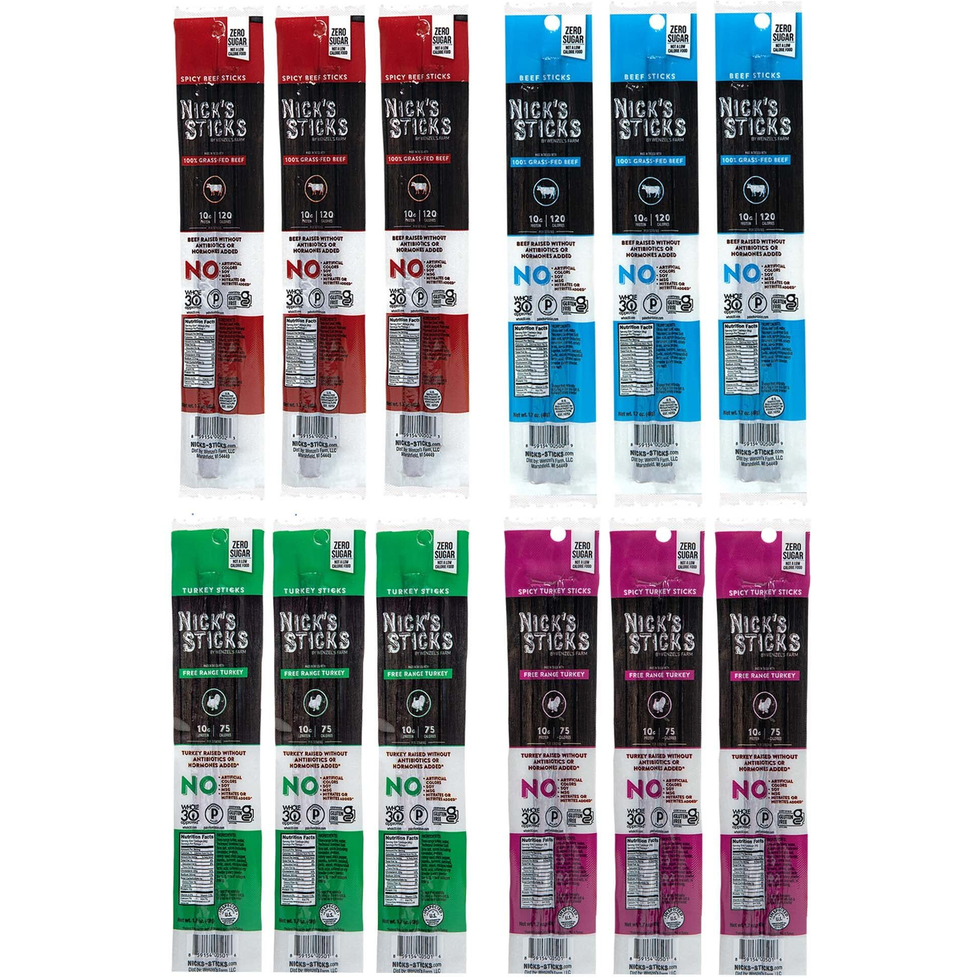 Nick's Sticks | 100% Grass-Fed Beef, Free Range Turkey Stick, Variety Pack | Made In The Usa | Gluten Free | 3 Original Beef, 3 Original Turkey, 3 Spicy Beef, 3 Spicy Turkey