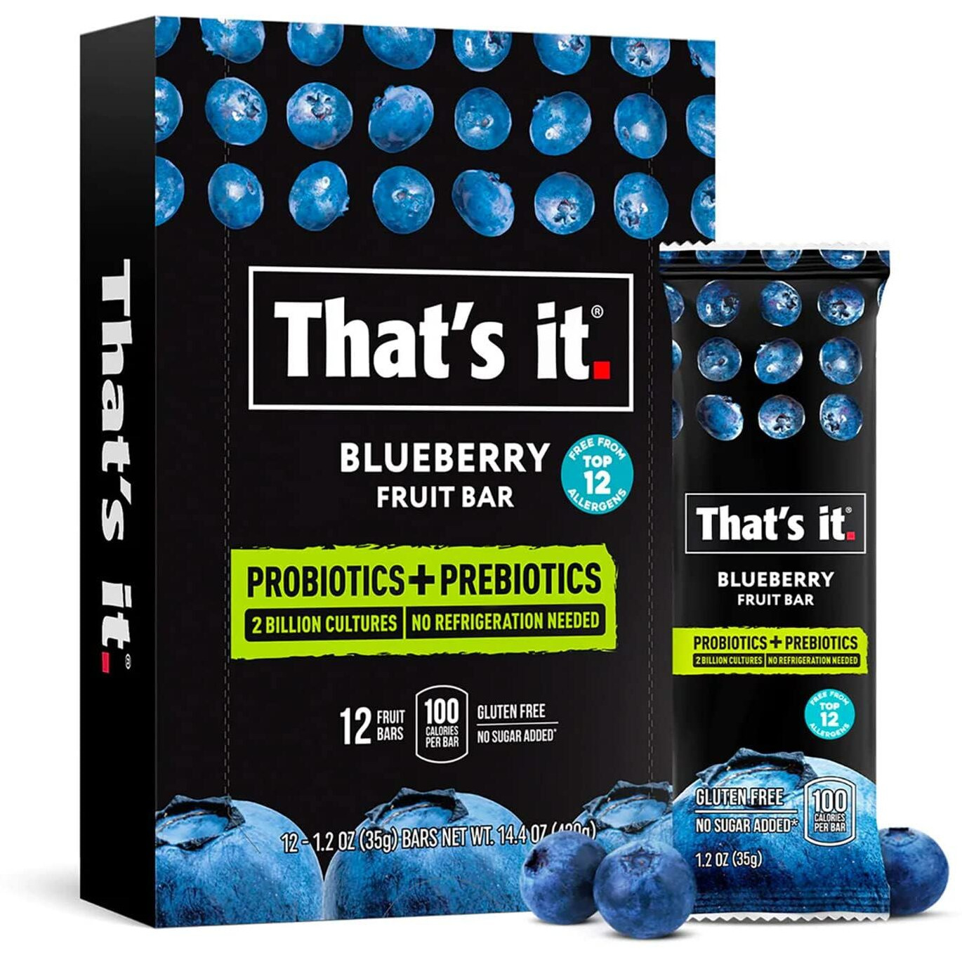 That's It. Blueberry Probiotic Fruit Bars, Helps Promote Healthy Gut & Digestion, No Refrigeration, 100% All Natural, Allergen Friendly (12 Pack)