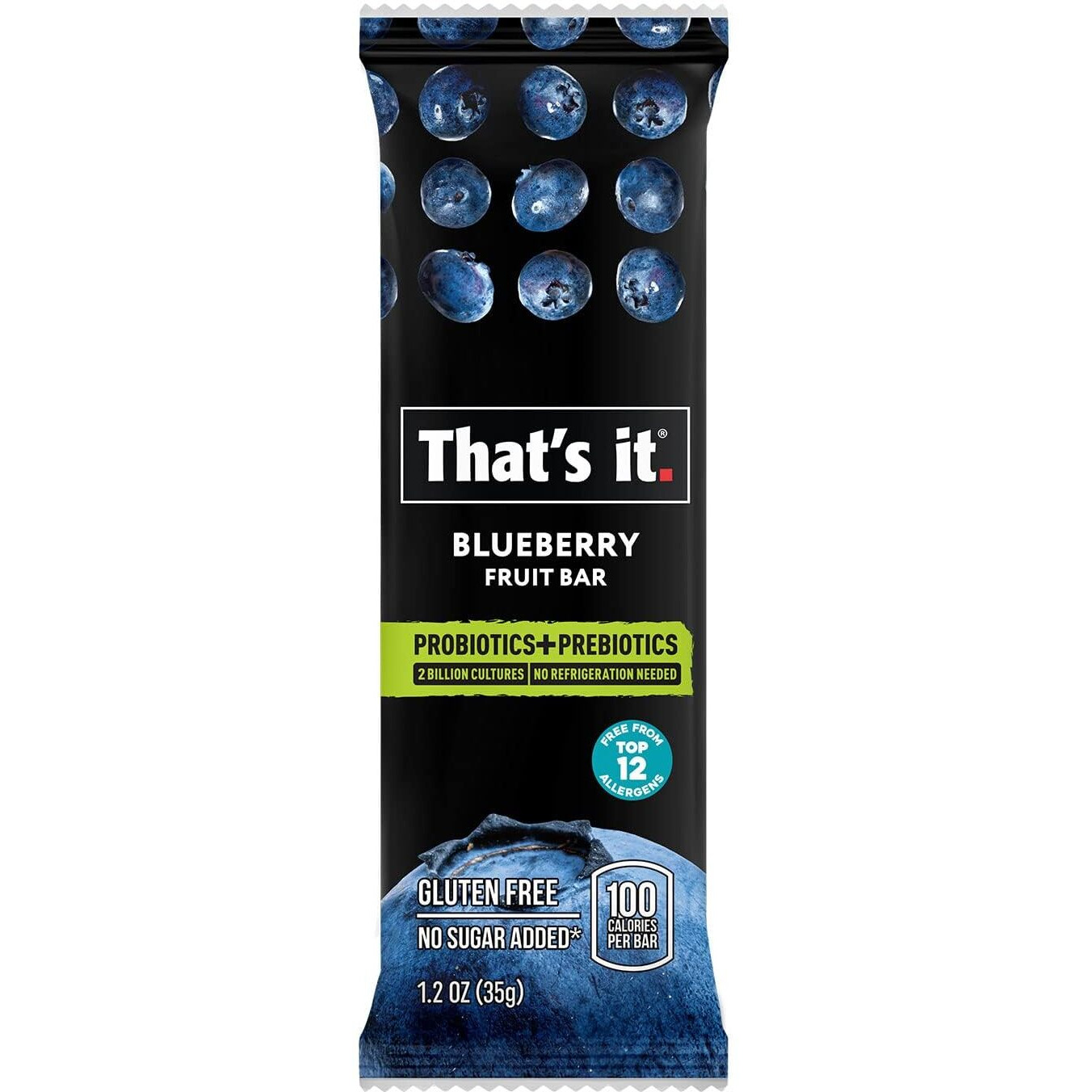 That's It. Blueberry Probiotic Fruit Bars, Helps Promote Healthy Gut & Digestion, No Refrigeration, 100% All Natural, Allergen Friendly (12 Pack)