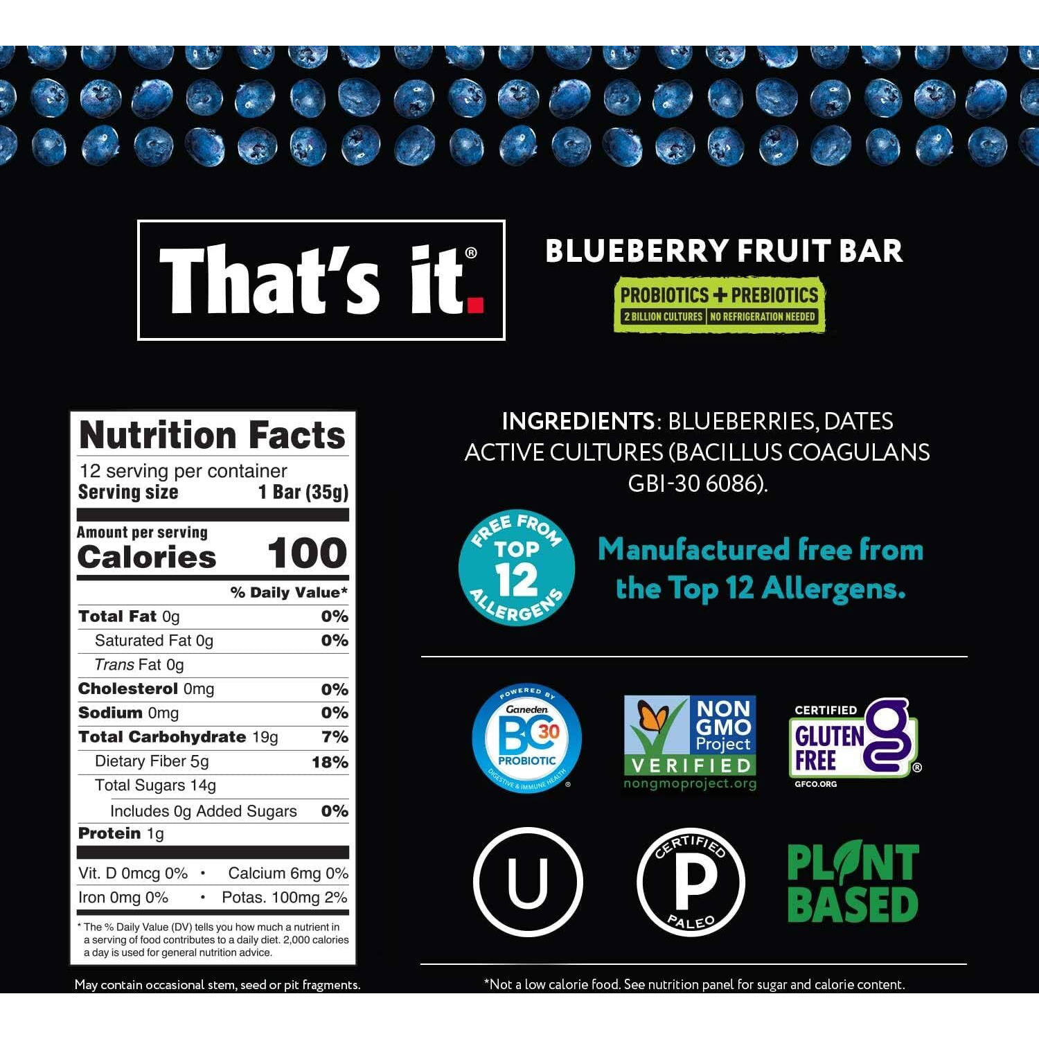 That's It. Blueberry Probiotic Fruit Bars, Helps Promote Healthy Gut & Digestion, No Refrigeration, 100% All Natural, Allergen Friendly (12 Pack)