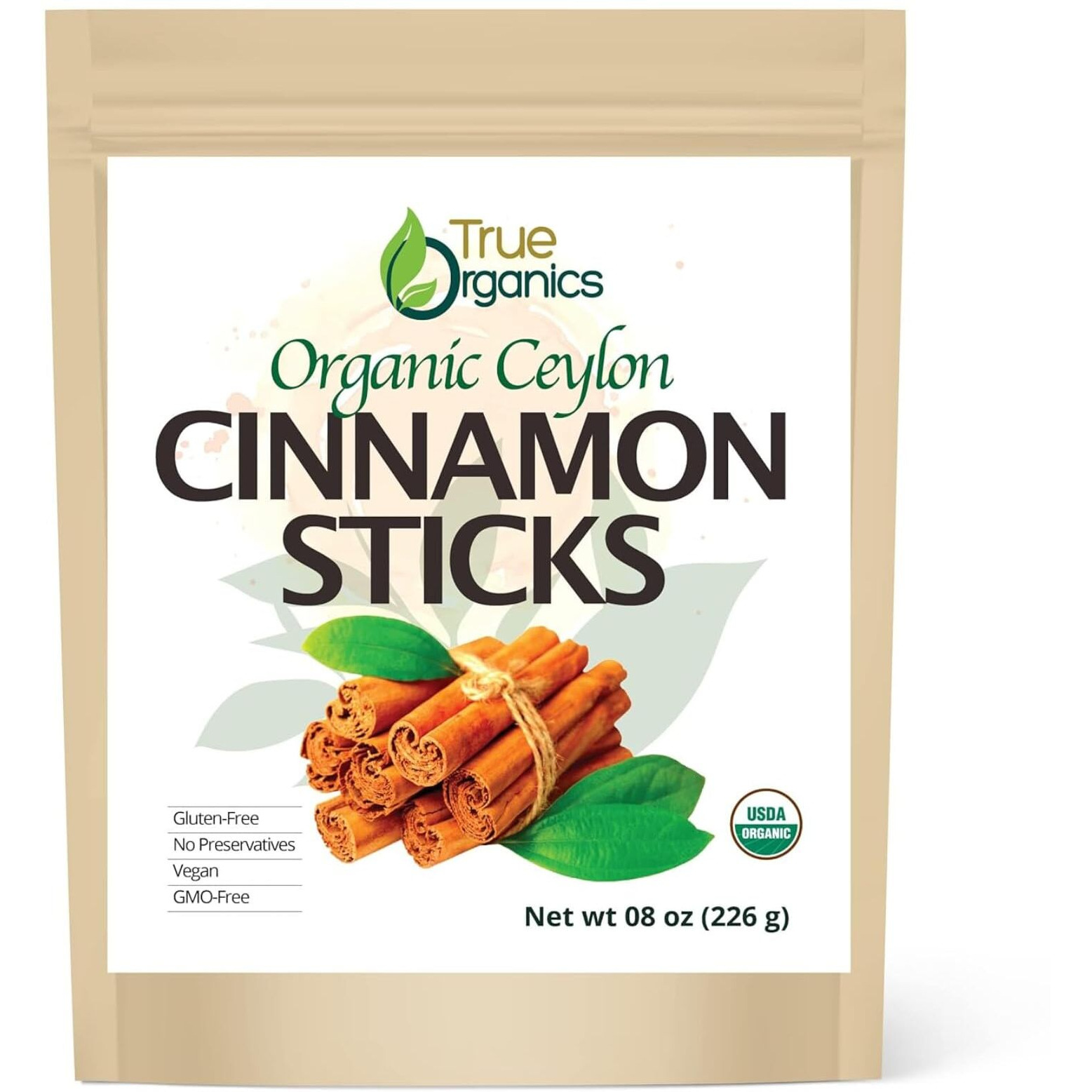 True Organic Ceylon Cinnamon Sticks, 08 Ounces Bulk Bag, Usda Organic & Kosher Certified, Non-Gmo, Ceylon Cinnamon Stick, Pure Ceylon Quality