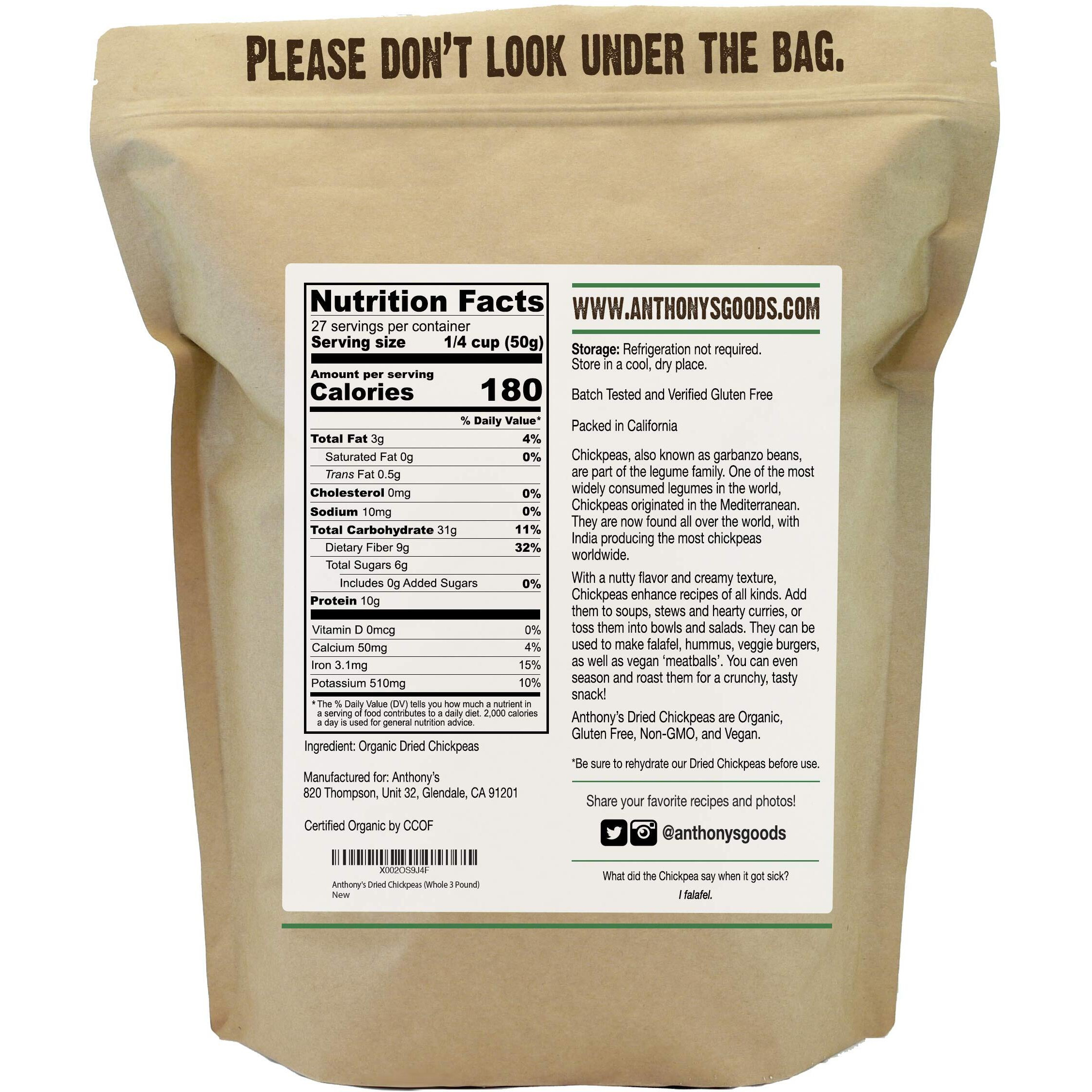 Anthony's Organic Dried Chickpeas, 3 Lb, Dry Garbanzo Beans, Gluten Free, Non Gmo, Vegan