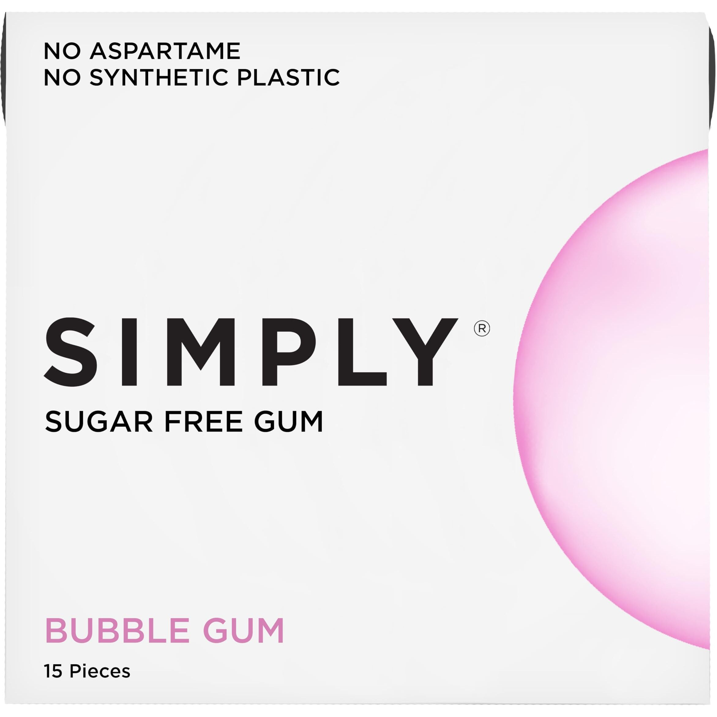 Simply Gum | Sugar Free Xylitol Chewing Gum | Bubblegum | Pack Of Six (90 Pieces Total) | Synthetic Free + Sugar Free + Aspartame Free