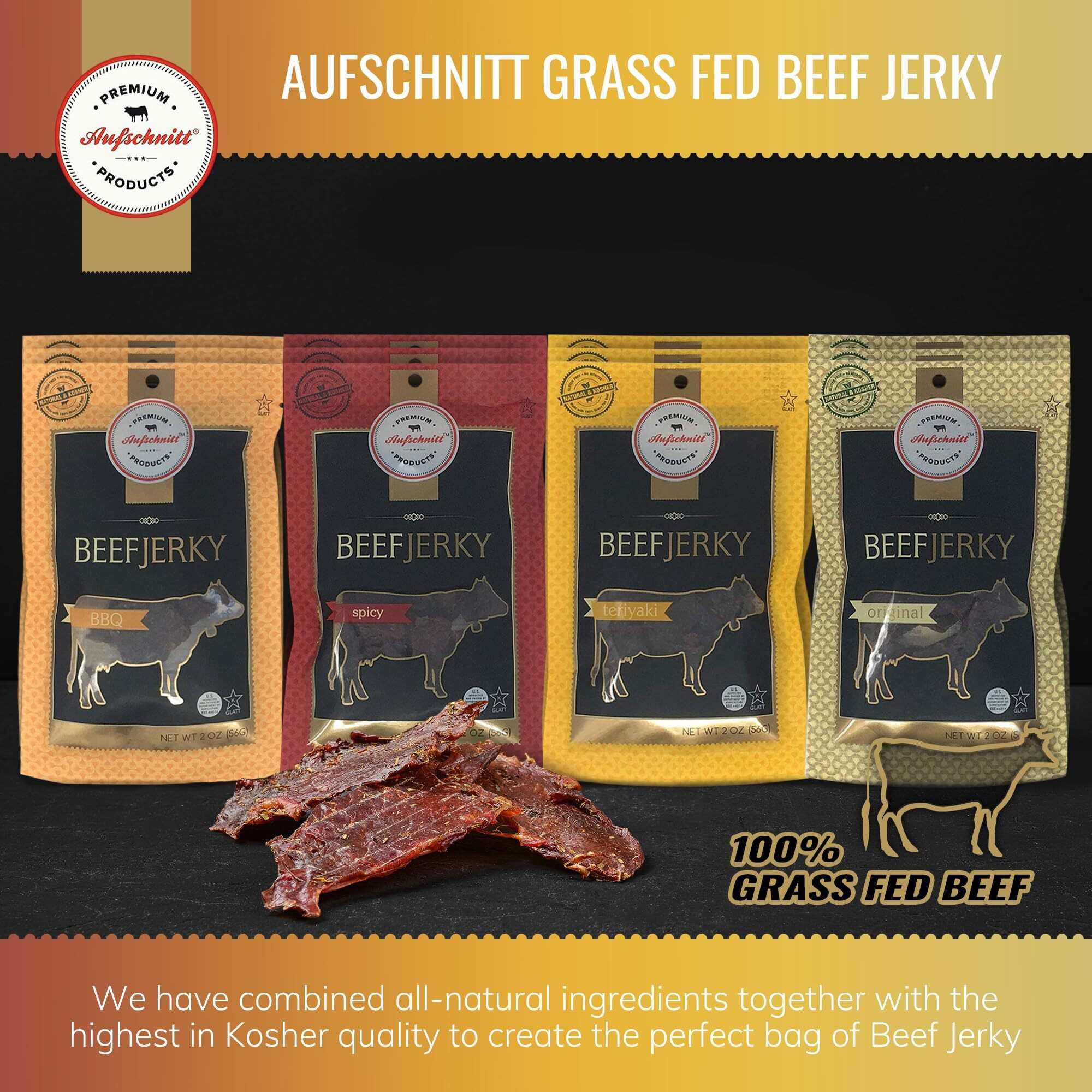 Aufschnitt Grass Fed Beef Jerky - Low Sodium, Certified Kosher - Halal And Keto Friendly - 12 Pack, Variety Pack