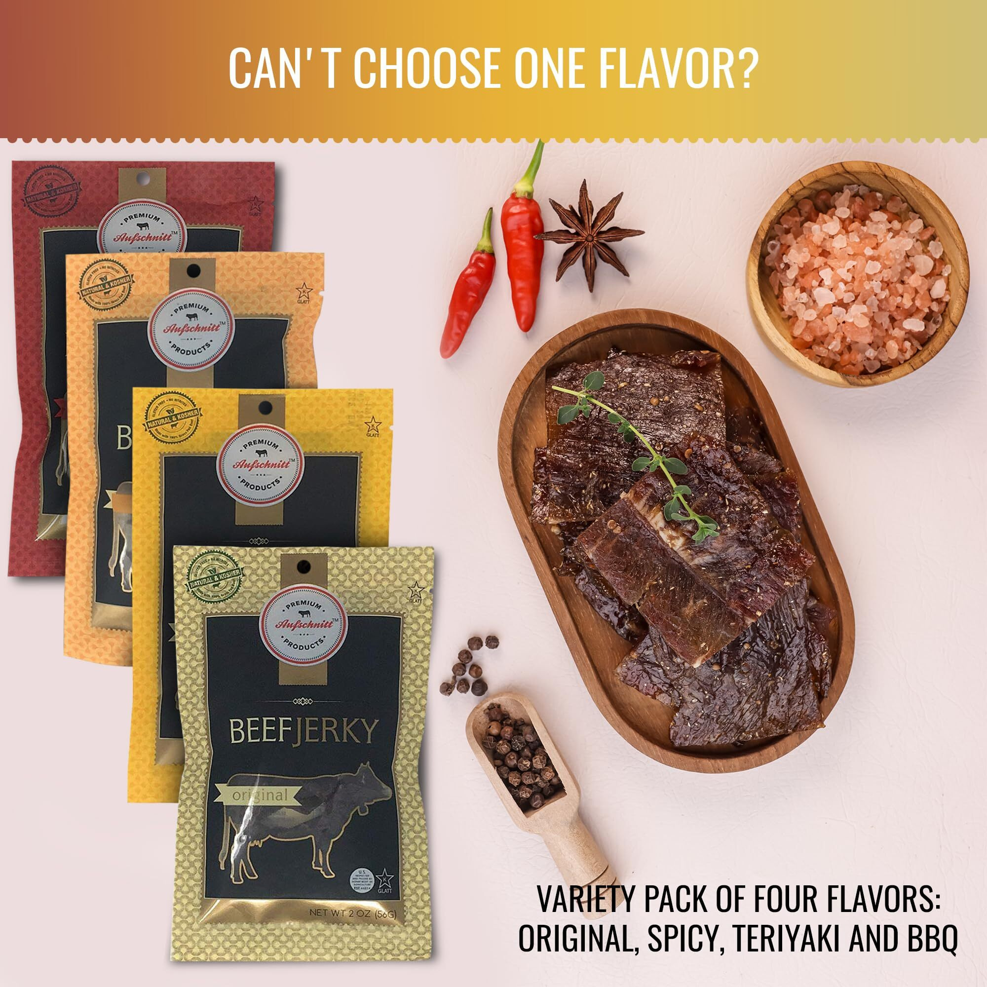 Aufschnitt Grass Fed Beef Jerky - Low Sodium, Certified Kosher - Halal And Keto Friendly - 12 Pack, Variety Pack
