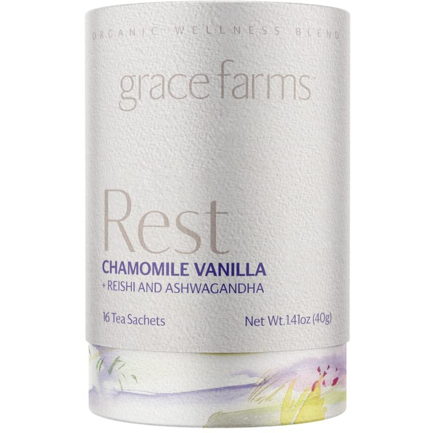 Grace Farms Rest Wellness Organic Tea Blend (16 Pyramid Sachets) | Sleep And Stress Support For Evening | Chamomile Vanilla Tea With Adaptogenic Herbs And Mushrooms | Fairtrade And Kosher