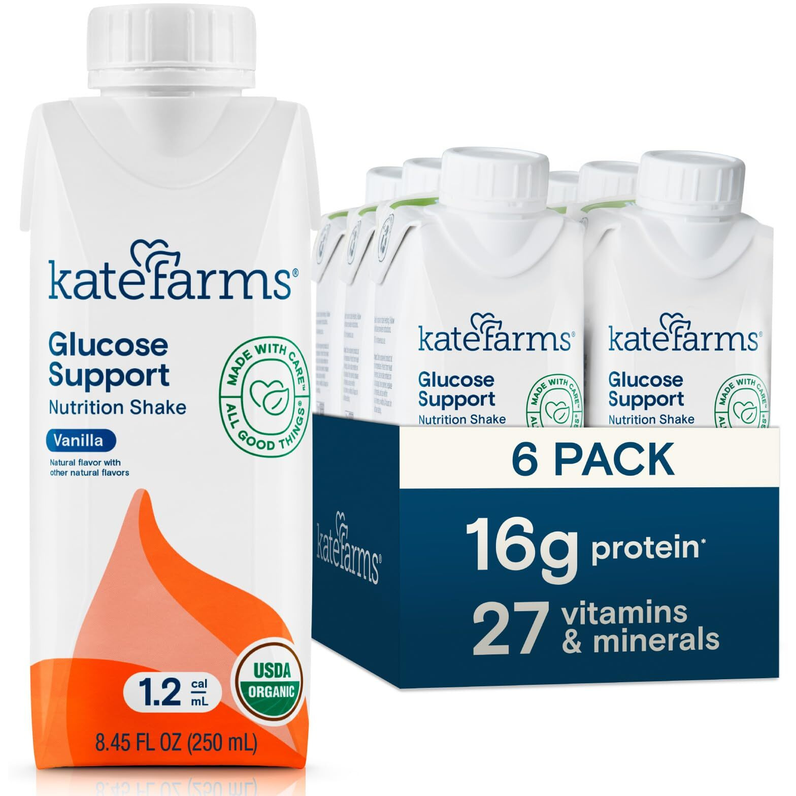 Kate Farms Organic Plant Based 1.2 Glucose Support Shake, Vanilla, 16G Protein, 27 Vitamins And Minerals, Diabetic Nutrition Meal Replacement, Gluten Free And Non-Gmo, 8.45 Oz (6 Pack)