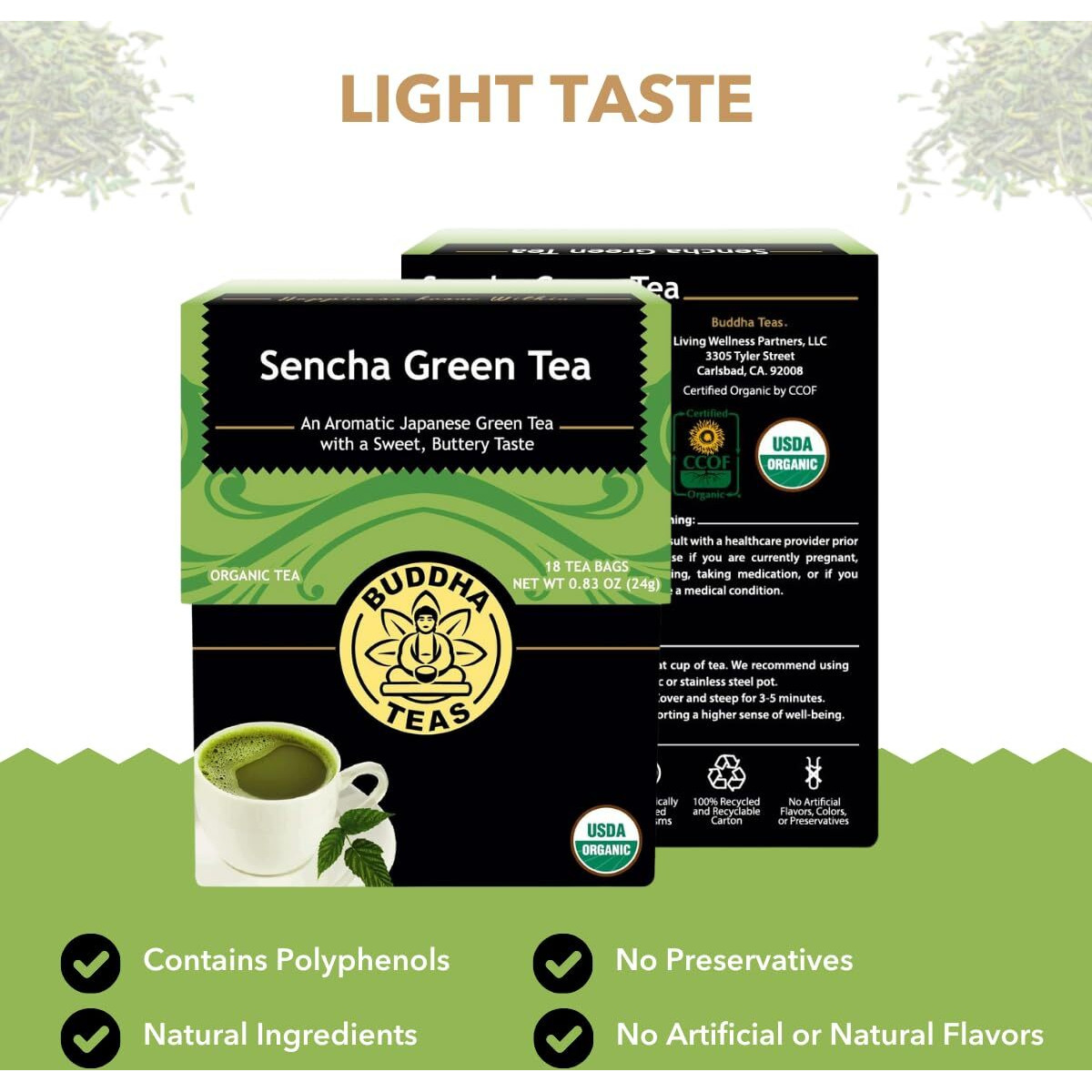 Buddha Teas - Organic Sencha Green Tea - For Health & Wellbeing - Japanese Green Tea - With Antioxidants & Minerals - Clean Ingredients - Caffeinated - Ou Kosher & Non-Gmo - 18 Tea Bags (Pack Of 1)