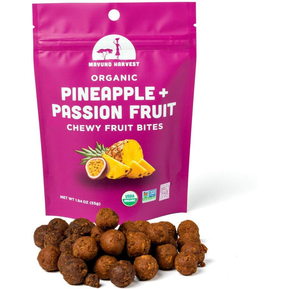 Mavuno Harvest Organic Fruit Snacks - Chewy Fruit Bites - Healthy Food For Kids & Adults - Ethically Sourced, Non-Gmo, No Preservatives - Pineapple & Passionfruit - 1.94-Oz. Snack Packs, Pack Of 8
