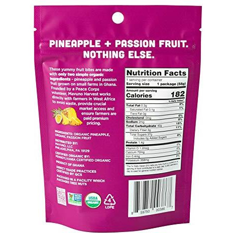 Mavuno Harvest Organic Fruit Snacks - Chewy Fruit Bites - Healthy Food For Kids & Adults - Ethically Sourced, Non-Gmo, No Preservatives - Pineapple & Passionfruit - 1.94-Oz. Snack Packs, Pack Of 8