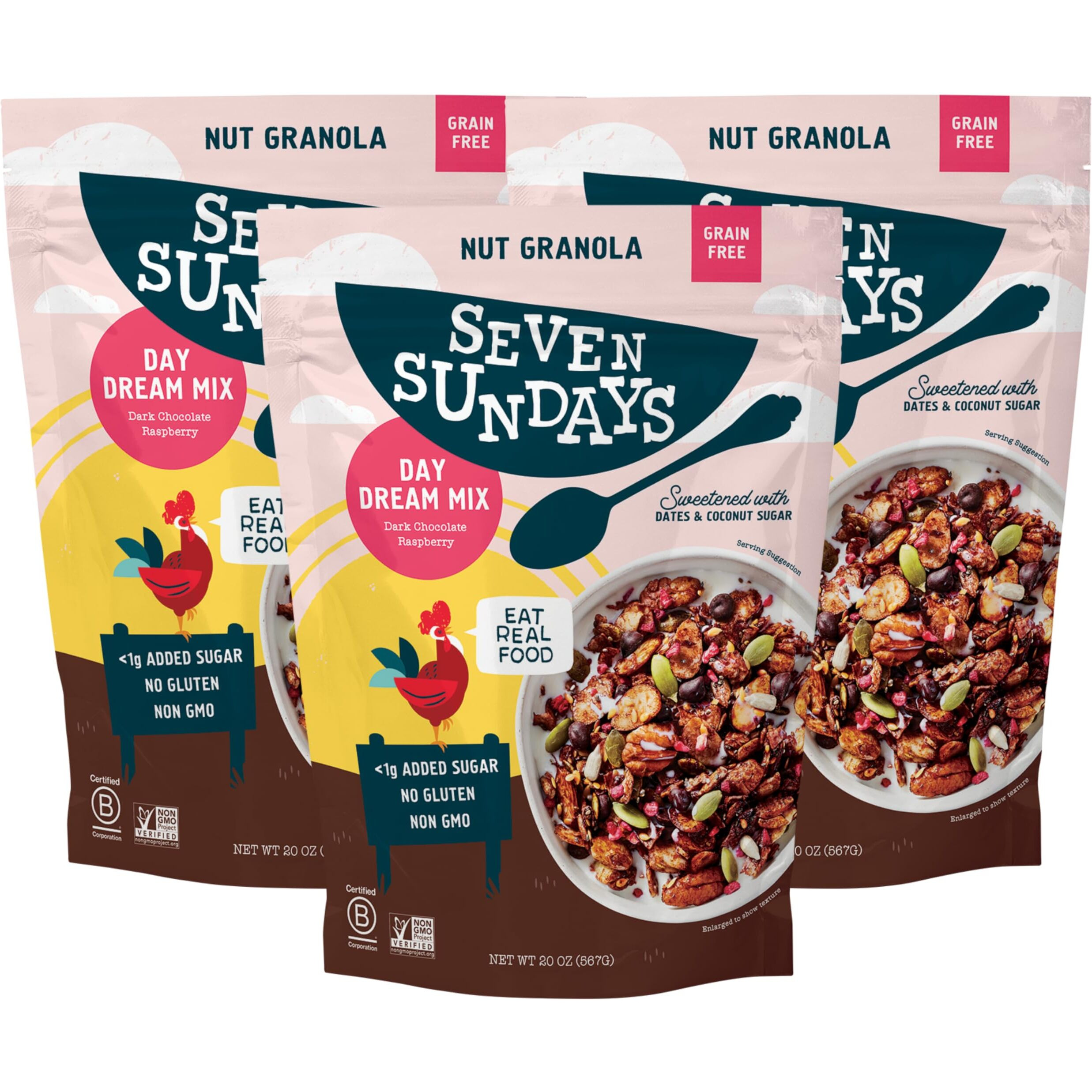 Seven Sundays Nut Granola Cereal, Day Dream Dark Chocolate Raspberry, 20 Oz Bag (Pack Of 3), Grain & Gluten Free, 4G Protein, 5G Net Carbs, Keto Friendly