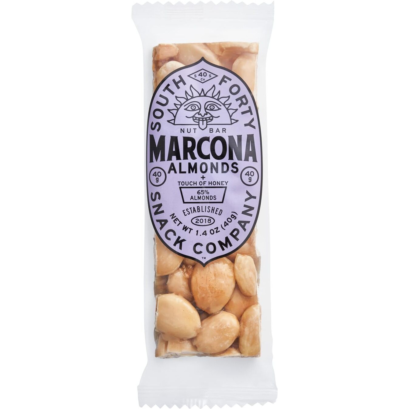 South 40 Snacks Marcona Almond Bar, Extra Crunchy Nut Snack Bar, Simple Ingredients, Honey And Sugar, Delicious Healthy Whole Marcona Almonds Nut Clusters, Individually Wrapped, 5G Protein (40G Bar, Pack Of 12)