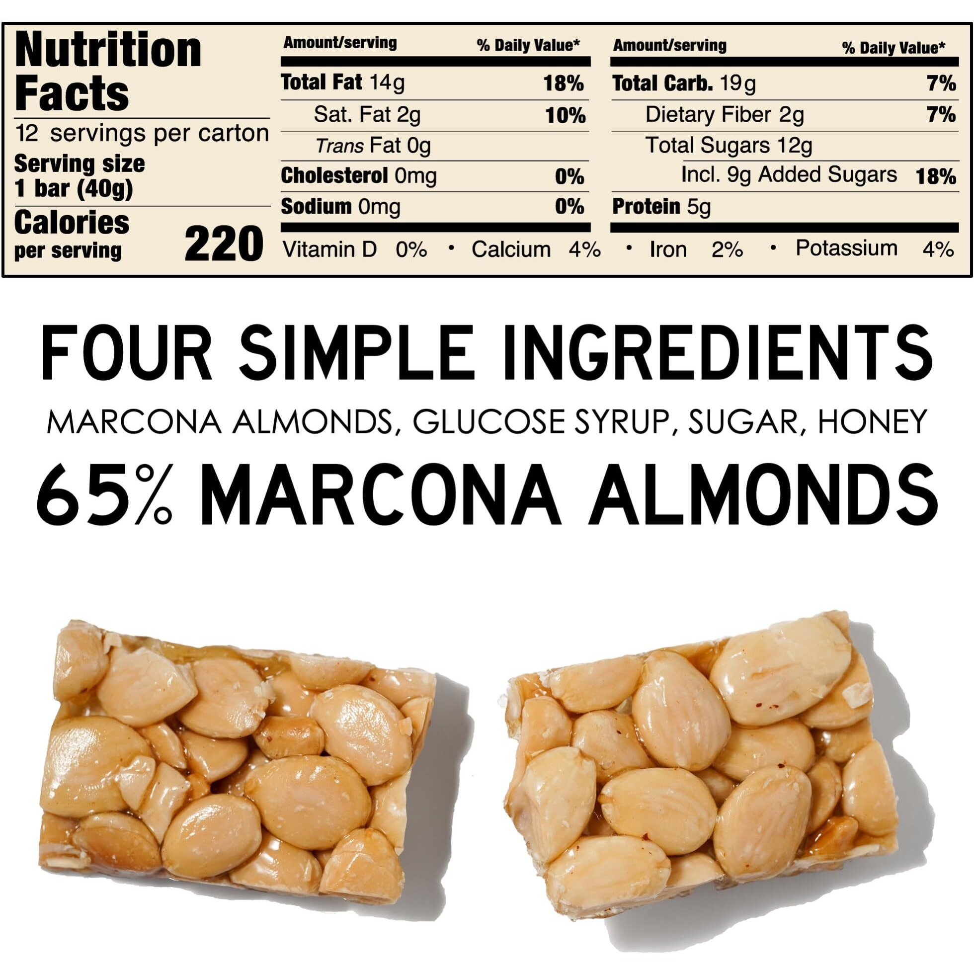 South 40 Snacks Marcona Almond Bar, Extra Crunchy Nut Snack Bar, Simple Ingredients, Honey And Sugar, Delicious Healthy Whole Marcona Almonds Nut Clusters, Individually Wrapped, 5G Protein (40G Bar, Pack Of 12)
