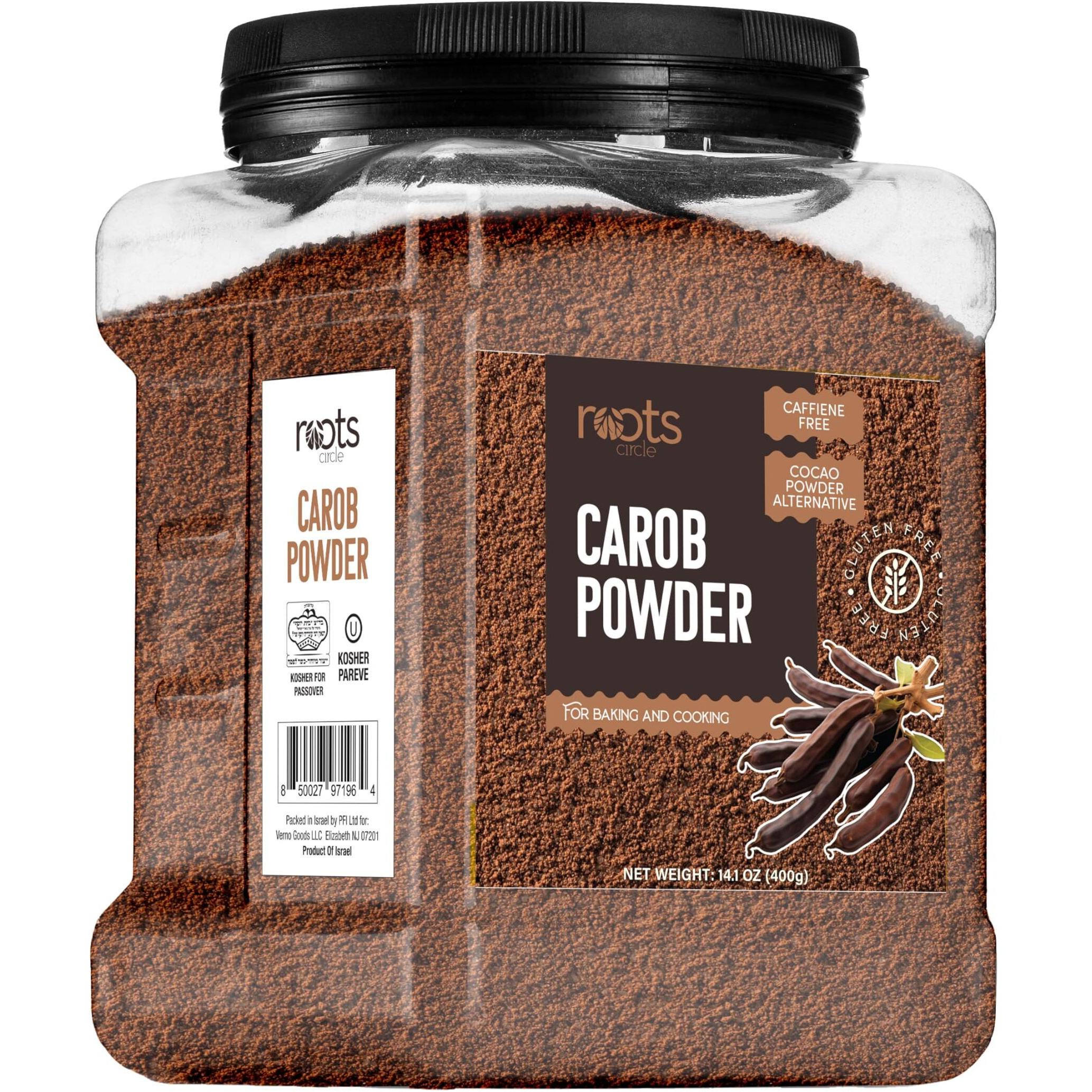 Roots Circle Premium Carob Powder Unsweetened | Kosher Bulk 14Oz - Cocoa Powder Alternative | Rich In Fiber Caffeine Sugar-Free Chocolate Substitute Great For Smoothies, Cookies, And Yogurt