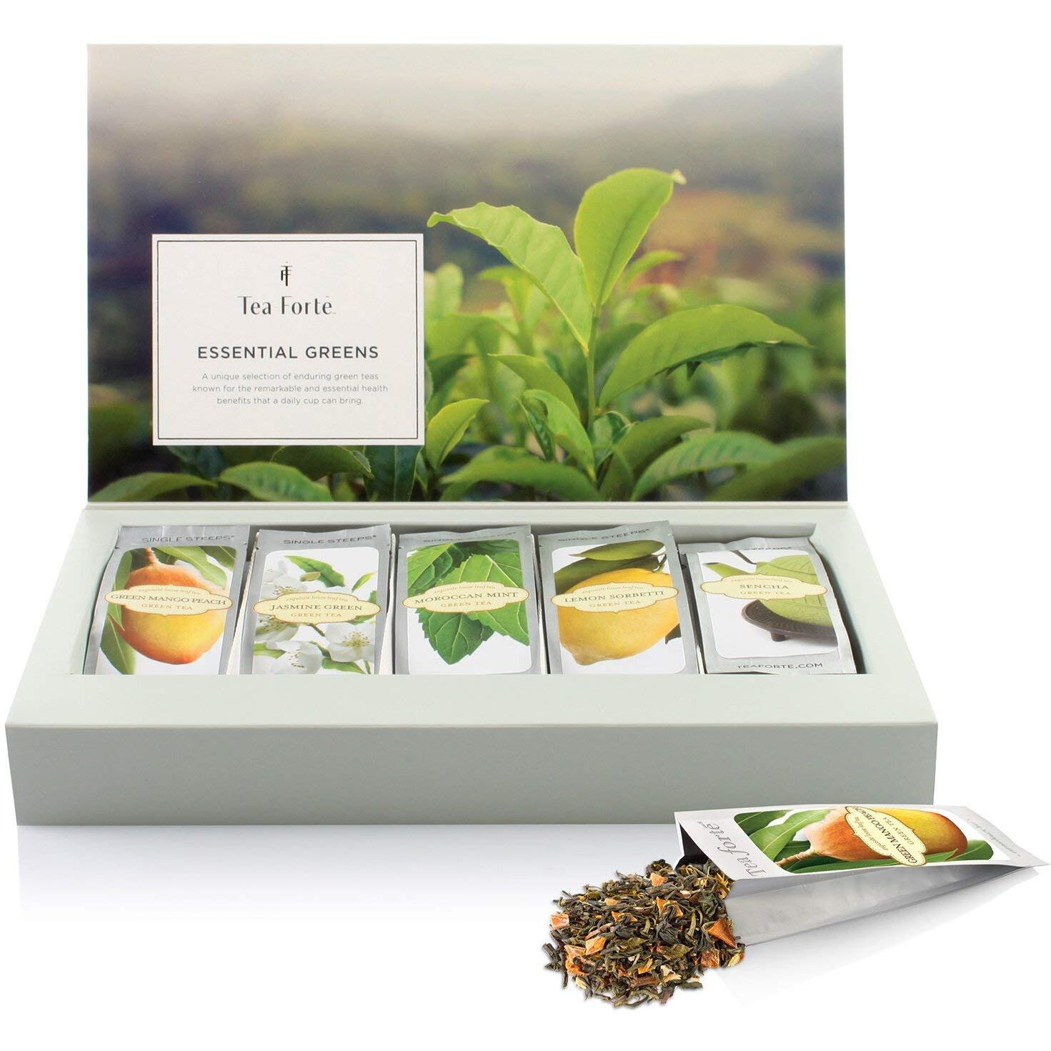 Tea Forte Single Steeps Loose Leaf Green Tea Sampler, Assorted Variety Tea Box, Single Serve Pouches, 15 Count (Pack Of 1)