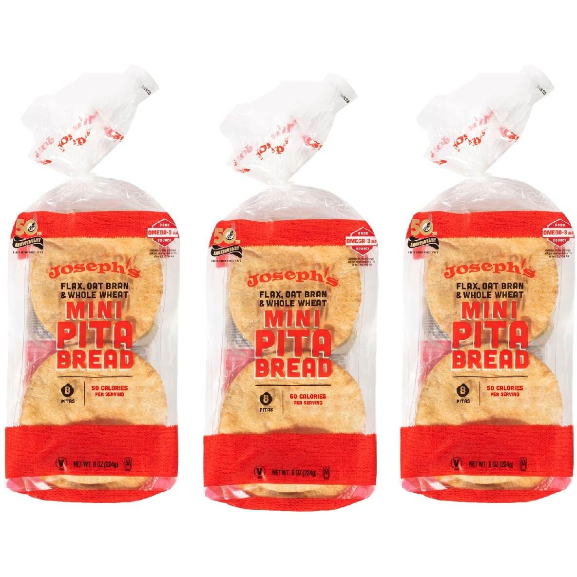 Joseph's Low Carb Mini Pita Bread 3-Pack, Flax, Oat Bran And Whole Wheat, 5G Carbs Per Serving, Fresh Baked (8 Per Pack, 24 Mini Pita Breads Total)